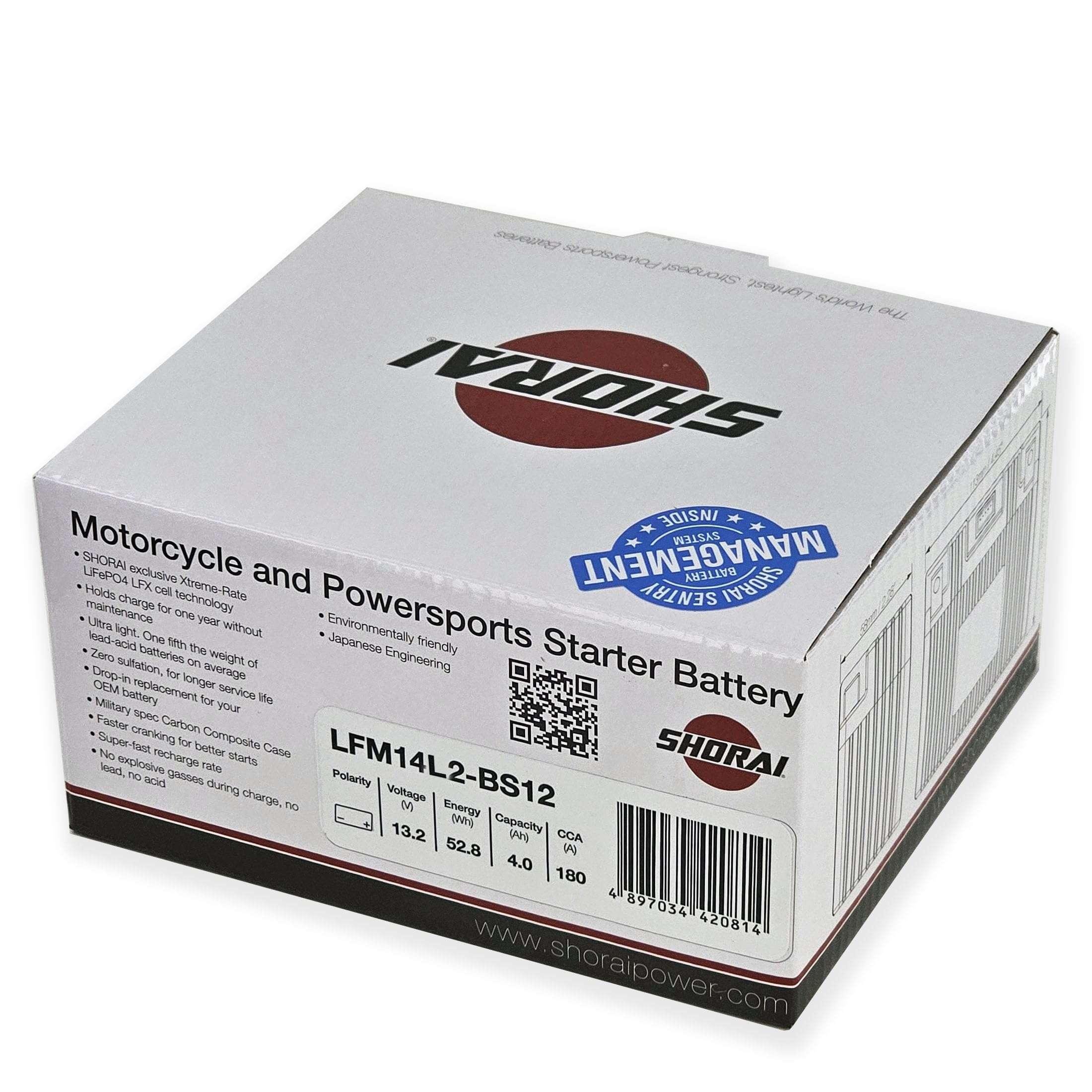 Shorai LFM Lithium-iron Battery w/BMS, LFM14L2-BS12, 4.0Ah 13.2V, 52.8WHr, "L" Type, Case 2 4