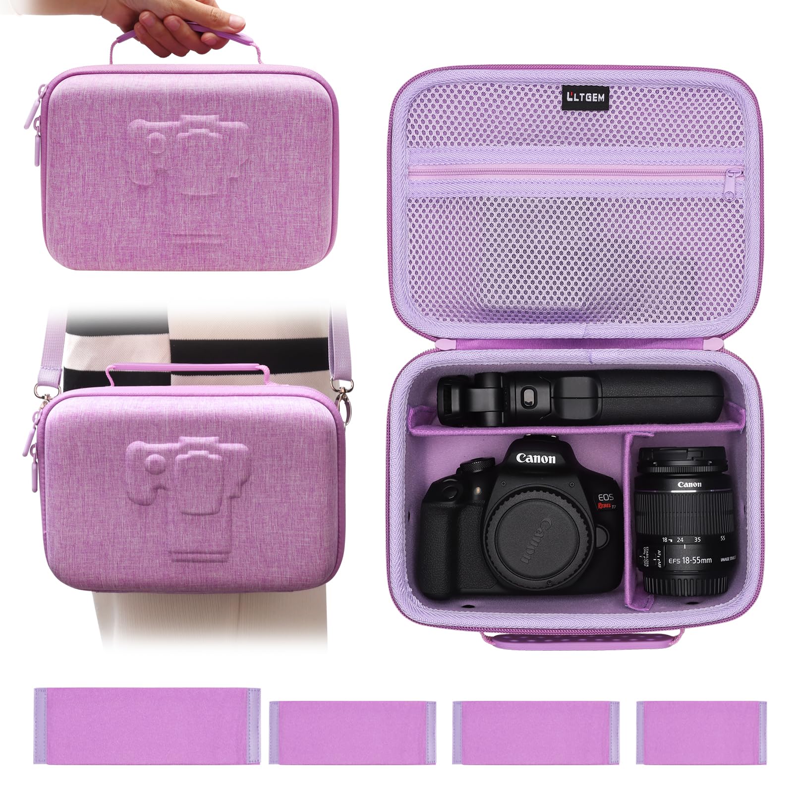 L LTGEM Camera Case Compatible with Canon EOS Rebel T7 / R100 / R50 / R5 / R6 Mark II / R7 / R8 / 90D / 5D Mark IV, Sony, Nikon DSLR Camera, Lens, Tripod, Pink & Purple 4