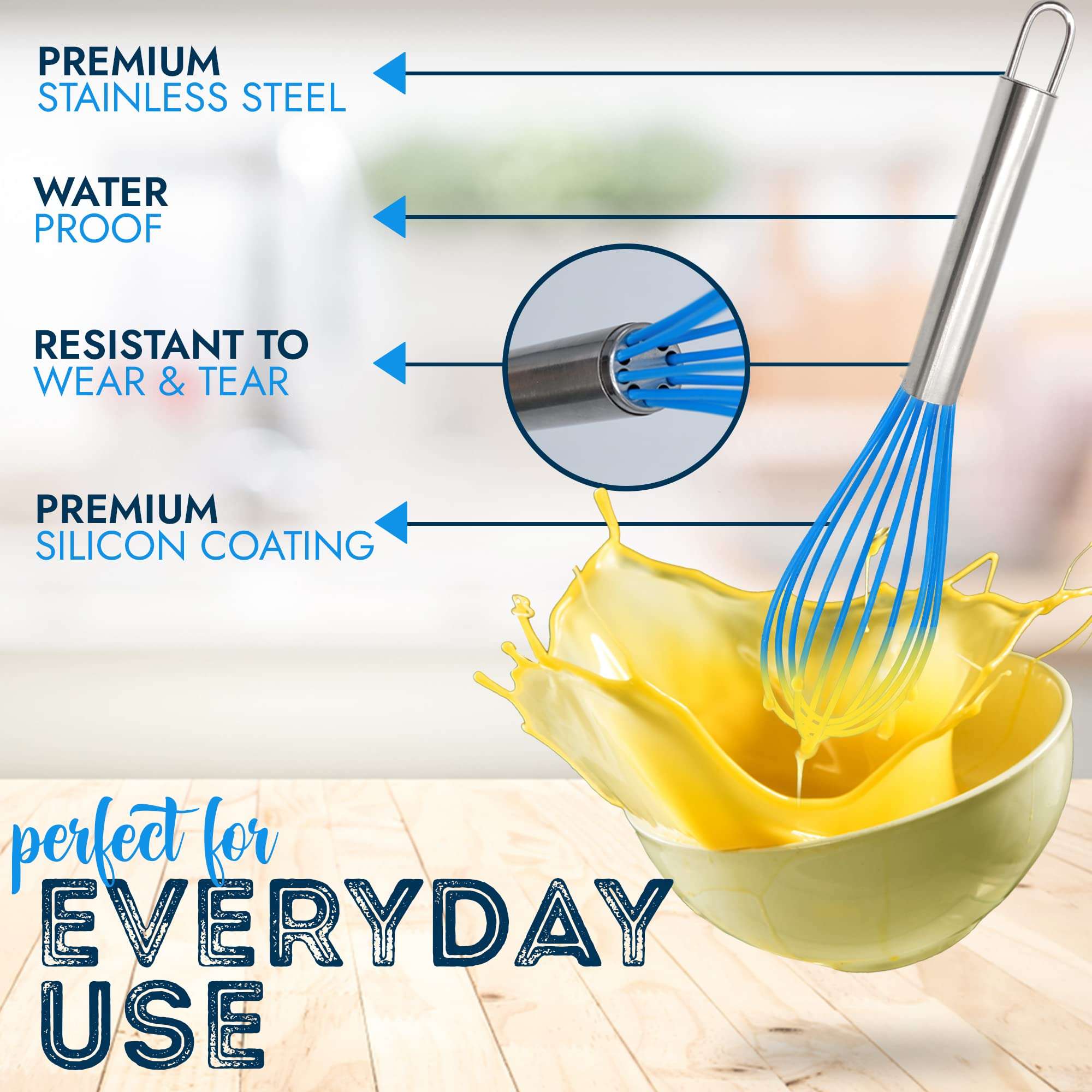 Silicone Whisk Set of 3, Very Sturdy, Silicone Whisks for Cooking Non Scratch Pots, Rubber Whisk, Enjoy Wisk Cooking Egg and Milk Beating, Stirring, Mixing, Whisking, Frothing, Blue 4