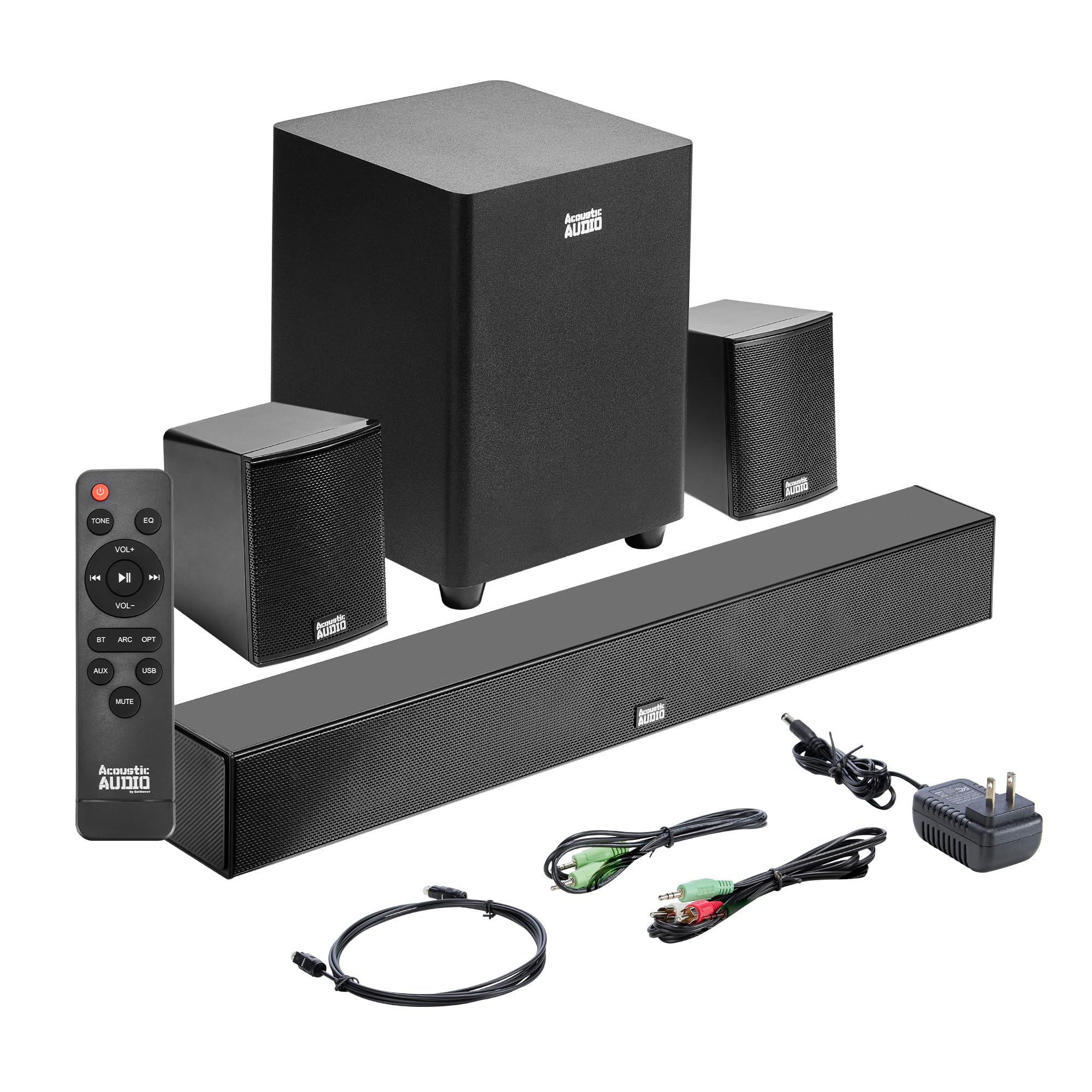 Acoustic Audio 5.1 Surround Sound Home Theater Sound Bar with Bluetooth, RCA, Optical, ARC, AUX, Wireless Subwoofer and Remote Control - AA5190 (Black) 1