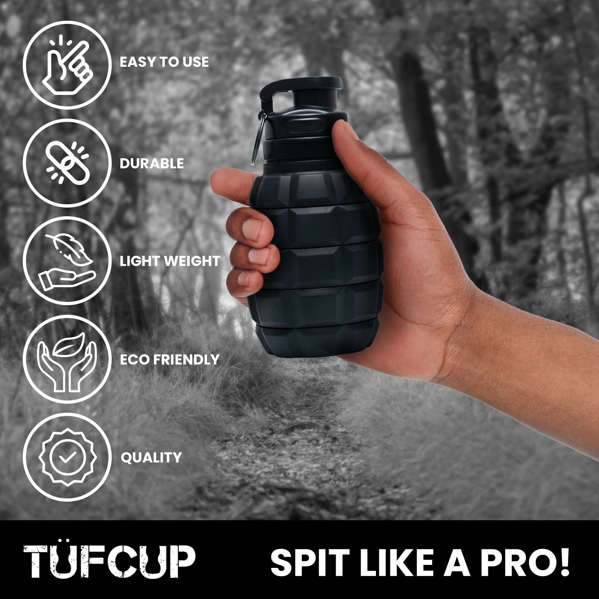 TUFCUP Spit Cup Spittoon for Chewing, Portable Reusable Spit Dipping Cup with Lid, Collapsible Spill Resistant Leak Proof Silicone Body Travel Spitter (Black) 5