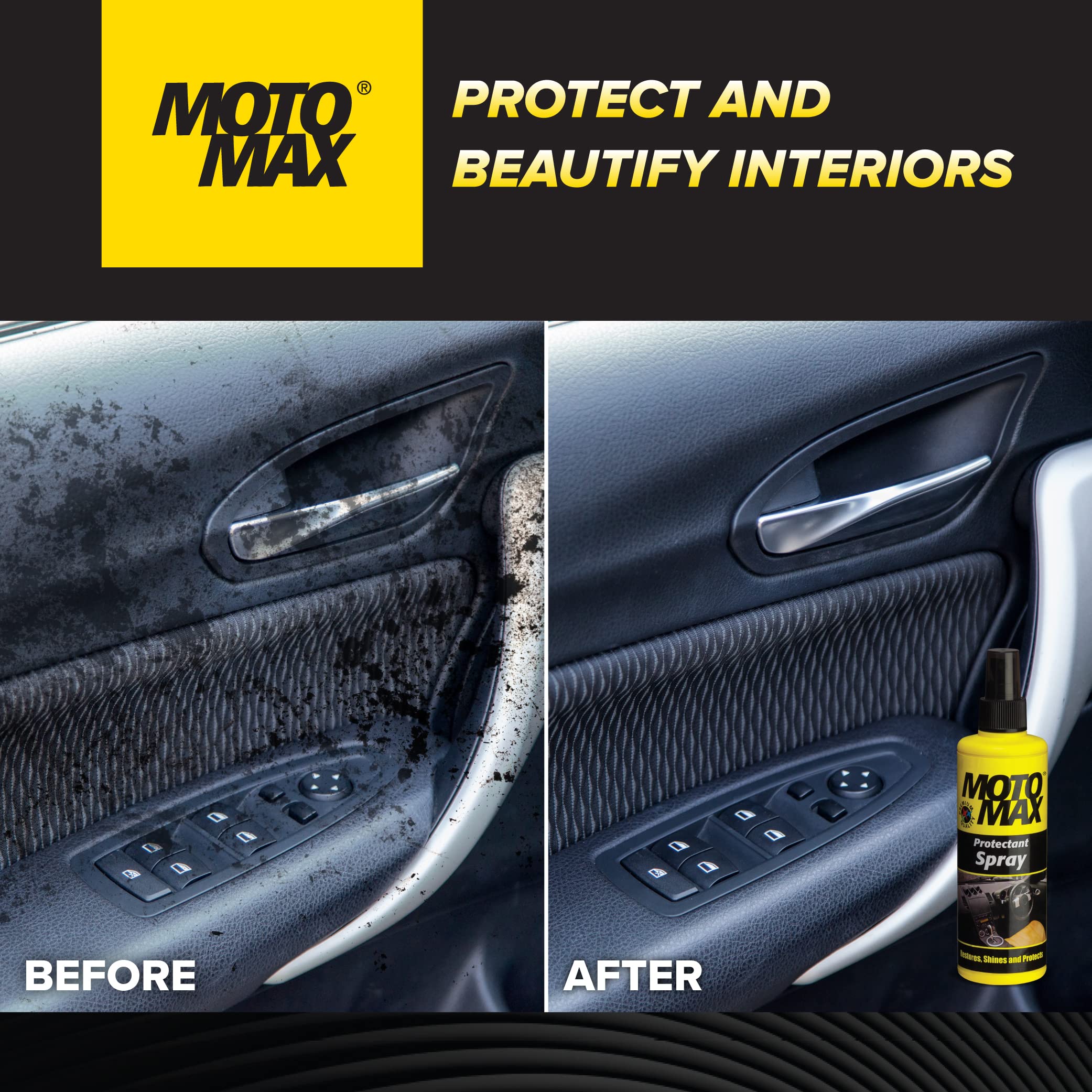 Motomax Protectant Spray (100 ml)| Repels dust, pollutants| Protect, Restore faded vinyl, plastic, leather, dashboard, rubber, tyres of Cars, Bikes, Motorcycles & Scooty| Provides long lasting shine 4