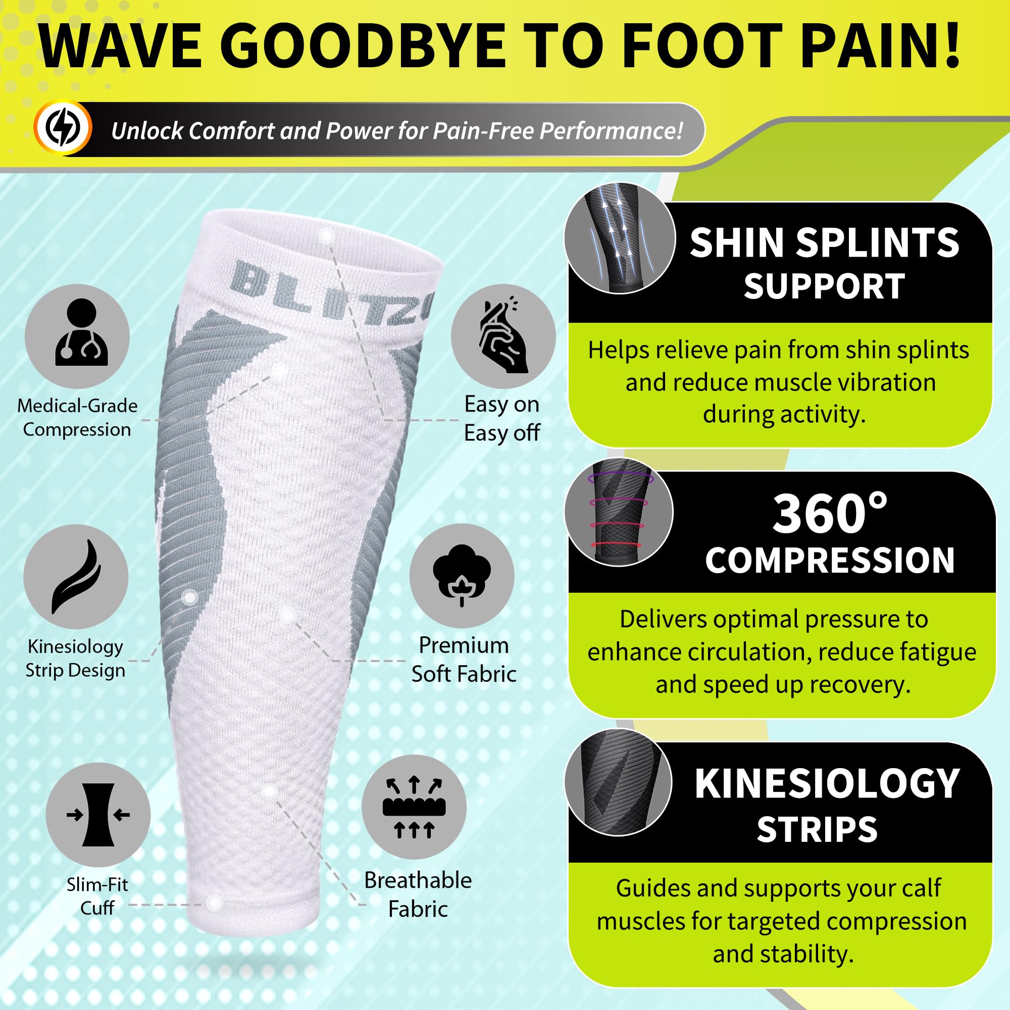 BLITZU Calf Compression Sleeve for Women and Men, Shin Splint Sleeves for Varicose Veins, Nursing, Pregnancy, Running, Footless Compression Socks Support for Calf Muscle Pain Relief White L-XL 4