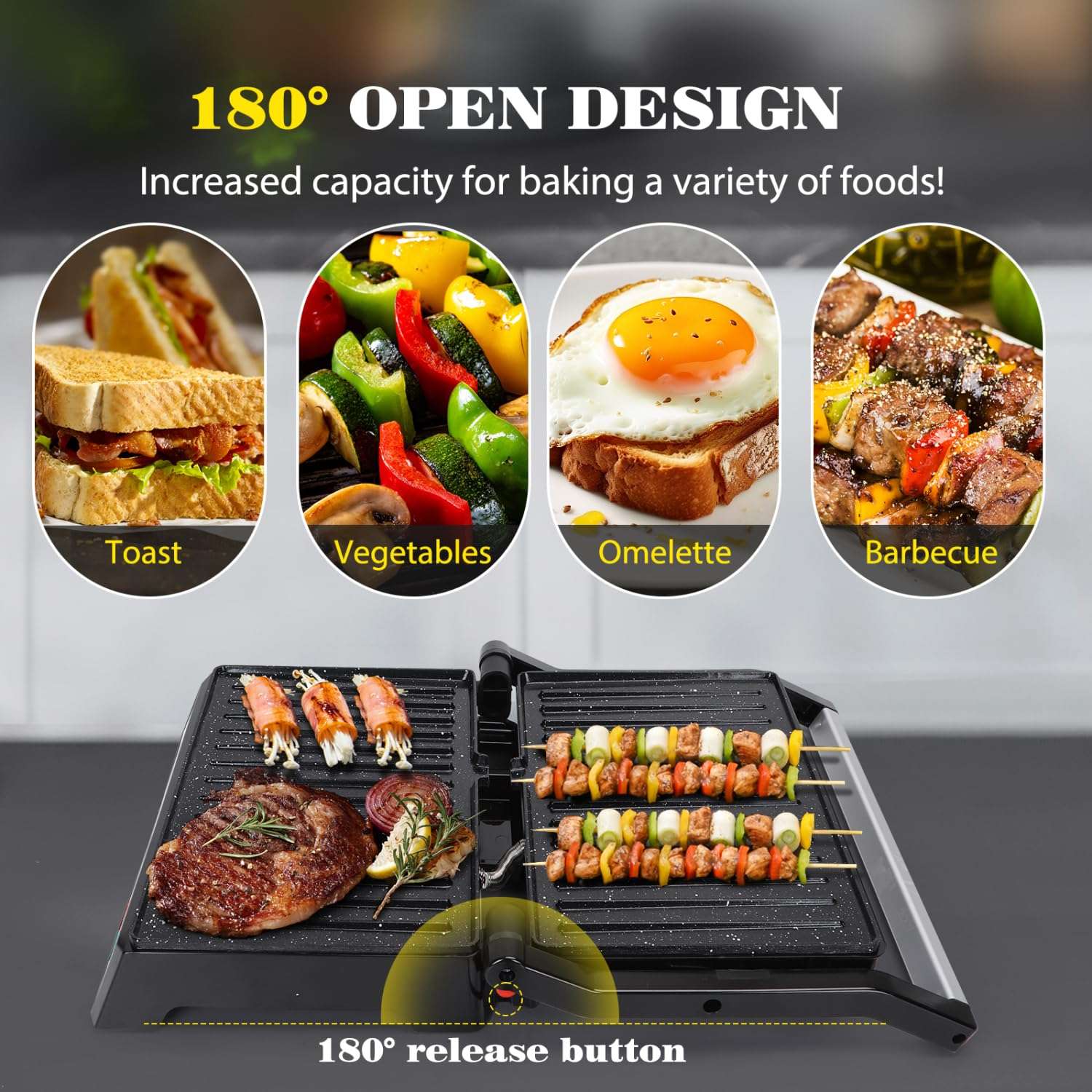 Aigostar Panini Press, 1200W Sandwich Maker and Electric Indoor Grill with Ceramic Non-Stick Coated Plates, Opens 180°to Fit Any Size of Food, Stainless Steel Surface & Removable Drip Tray, Silver 3