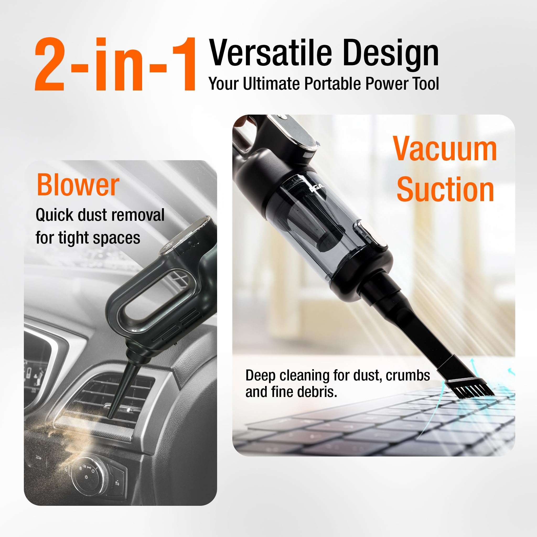 AGARO HVC7799 Cordless Car Vacuum Cleaner, Portable Handheld Vacuum for Car & Home Interiors, 16 kPa High Power Suction, 5000 mAh Rechargeable Battery, Steel HEPA Filter, LED Light, Multiple Nozzles 4