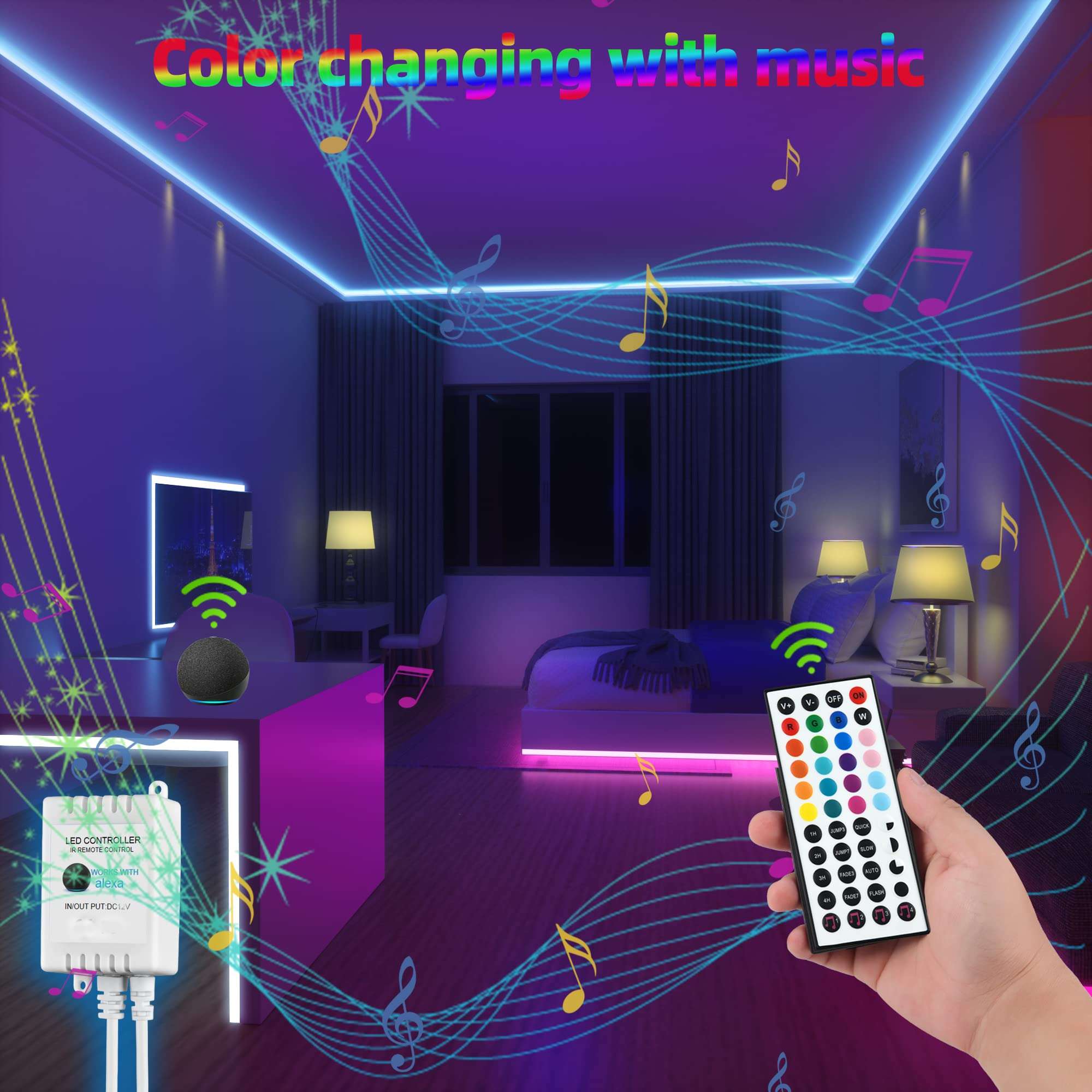 JUNQOKW 65.6ft Smart LED Strip Lights for Bedroom Music Sync LED Light Strips Work with Alexa,5050 RGB Color Changing LED Kit Lights with 44 Keys IR Remote Control,Home and Kitchen Decorations 5