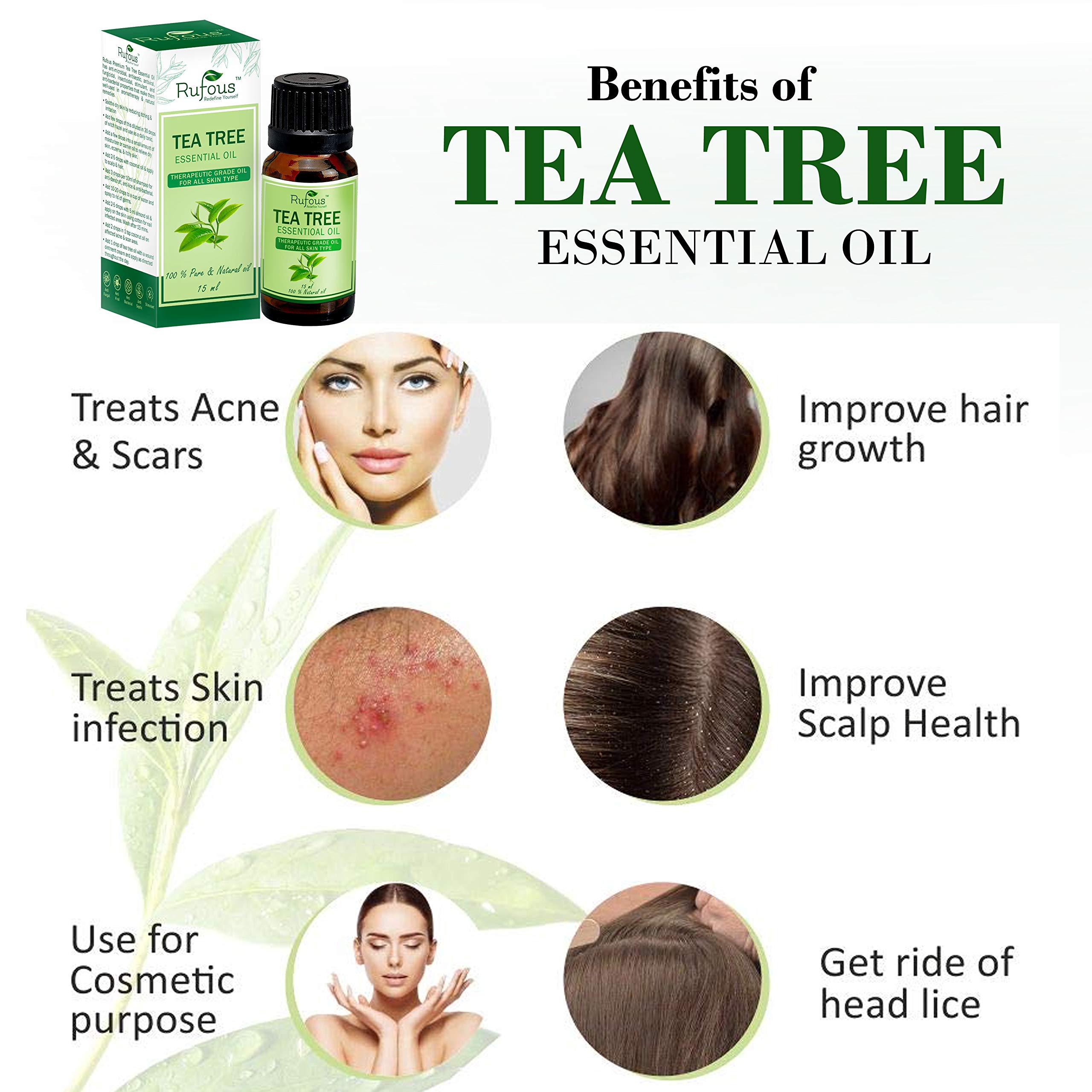 Rufous® Pure Tea Tree Oil For Aromatherapy - Tea Tree Essential Oil For Skin, Face, Hair, Pimples, And Acne Care - 100% Organic Remedy for Anti Dandruff, Stress, And More - 15ml 3