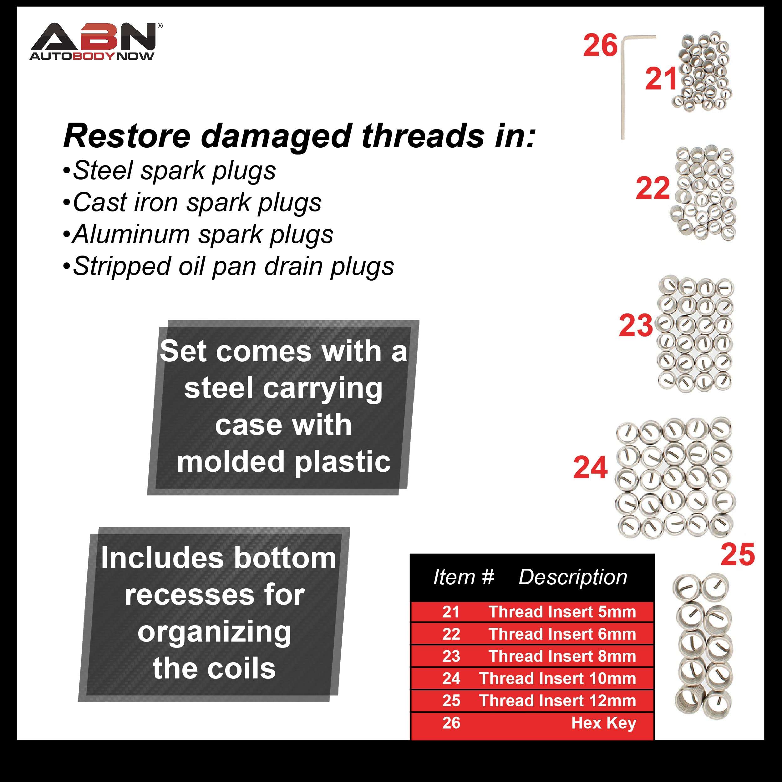 ABN 131pc Metric Thread Repair Set - M5 M6 M8 M10 M12 Helicoil-Type Thread Master Repair Kit for Automotive Repairs 3