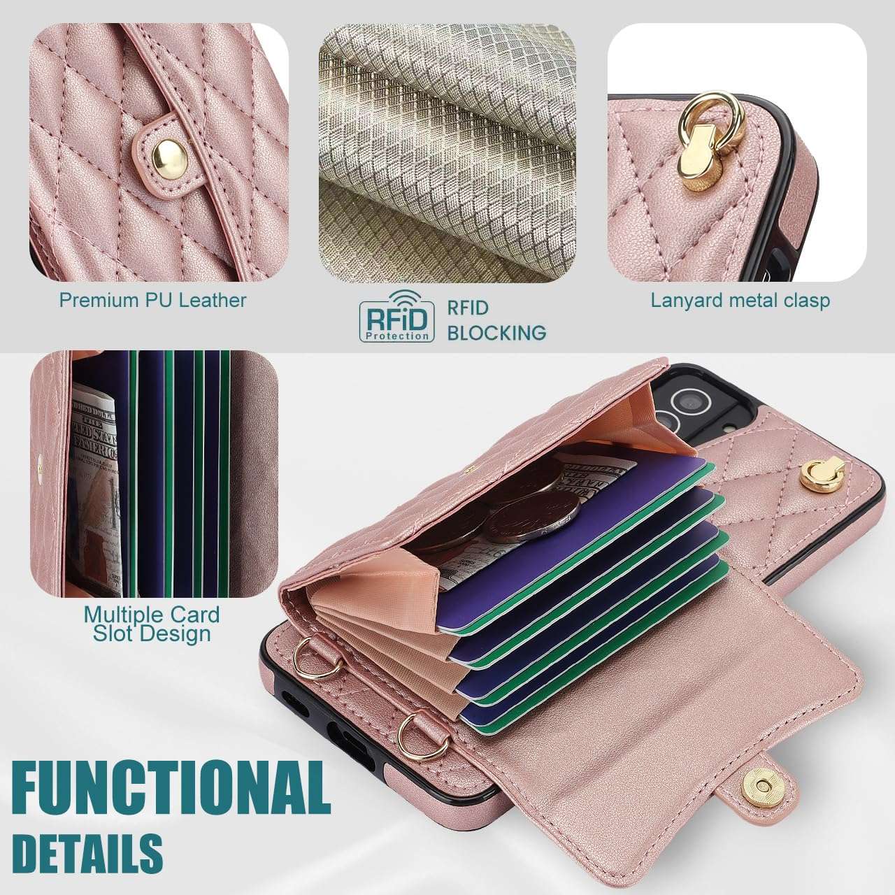 Asuwish Phone Case for Samsung Galaxy S21 Plus S21+ 5G Wallet Cover with Stand RFID Credit Card Holder Strap Lanyard Leather Cell Accessories S21+5G S21plus 21S + S 21 21+ G5 Women Girls Rose Gold 6