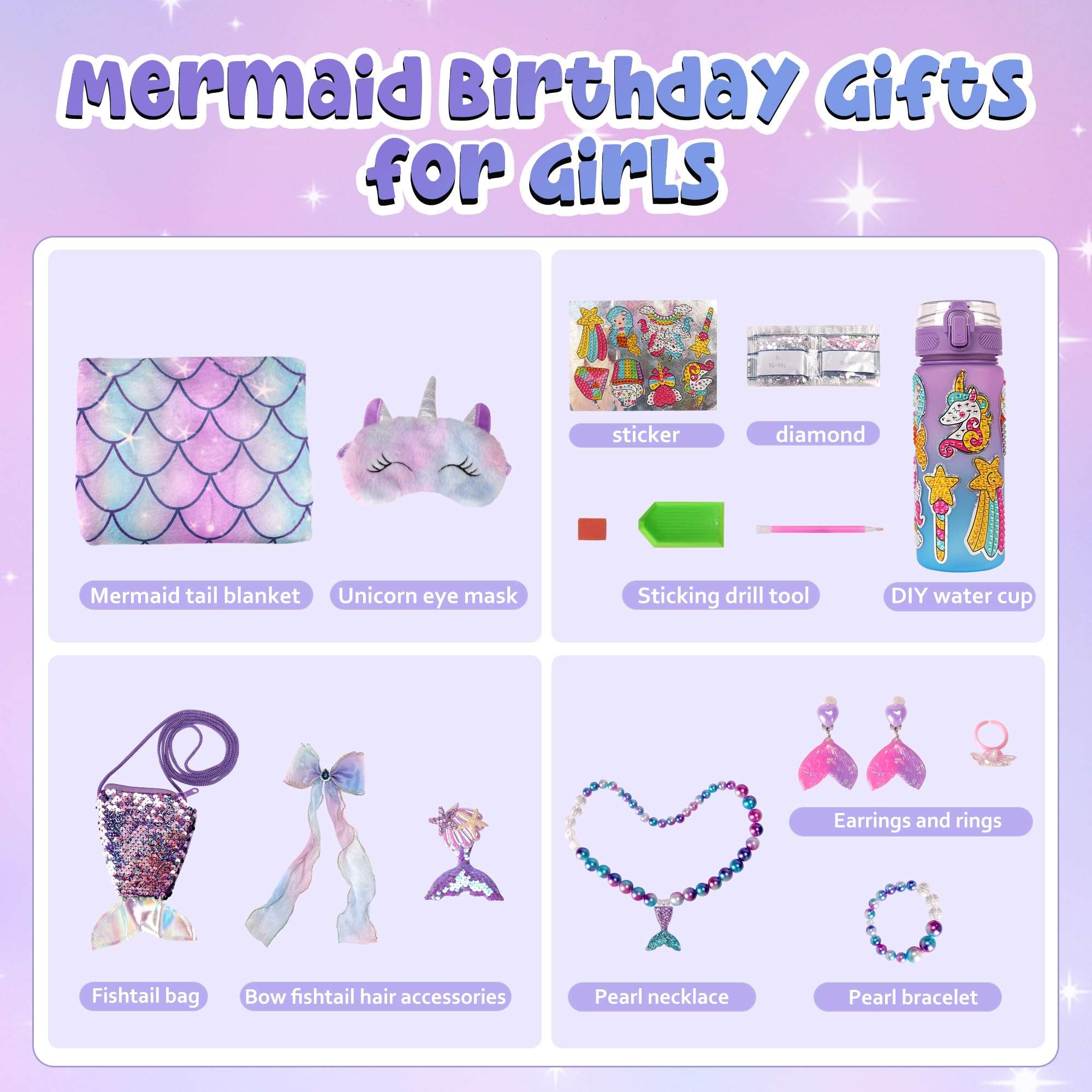 Mermaid Tail Blanket for Girls Toddler Kindergarten Preschool Graduation Birthday Gifts Diamond Art Kits for Kids 3 4 5 6 7 8 9 10 Year Old Little Mermaid Toys with Necklace Bracelet Ring Earrings 3