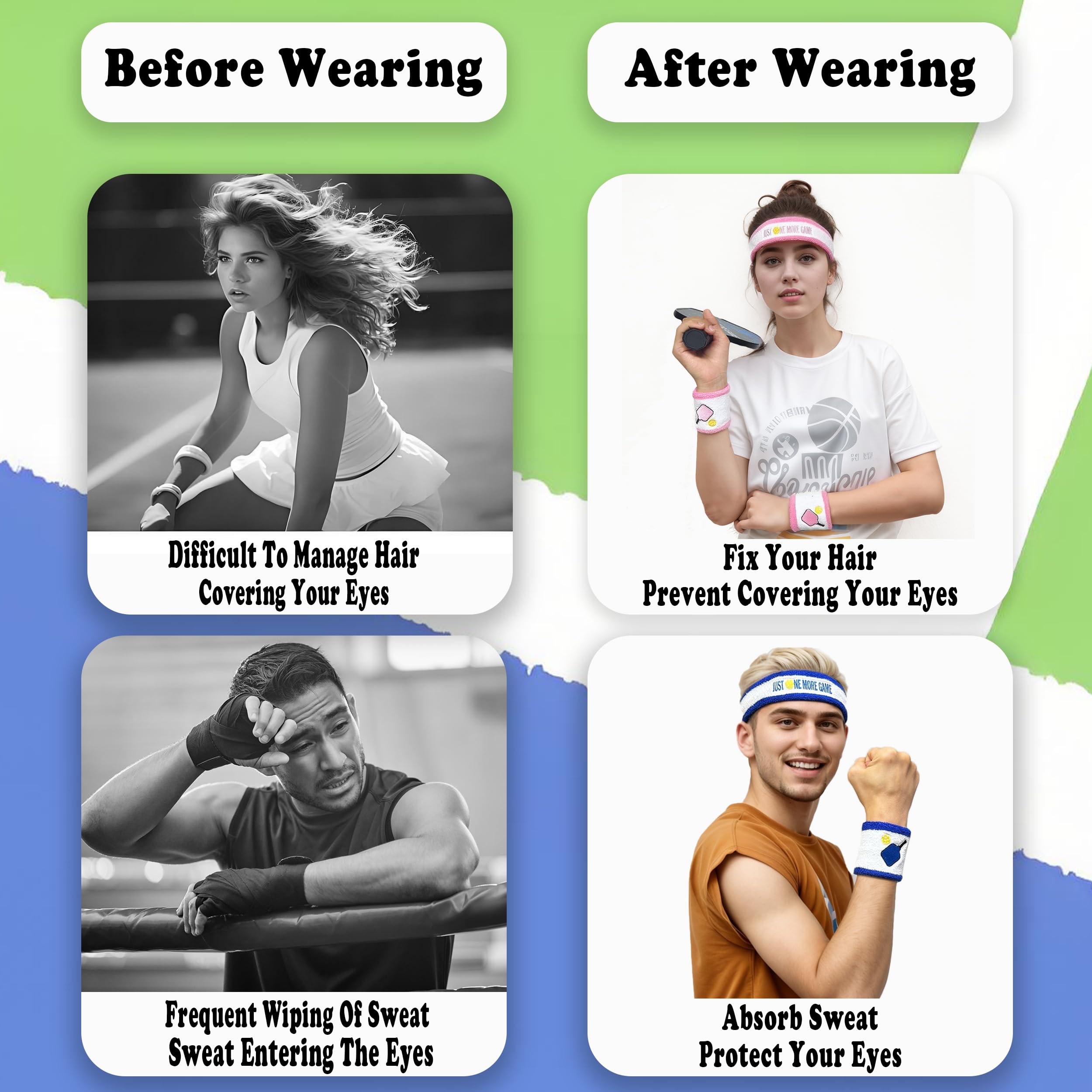 3 Pcs Pickleball Sweatband Set Men Women, Moisture Wicking Sweat Absorbent 2 Wristbands and 1 Headband for Basketball Tennis, Great Gift for Sports 6