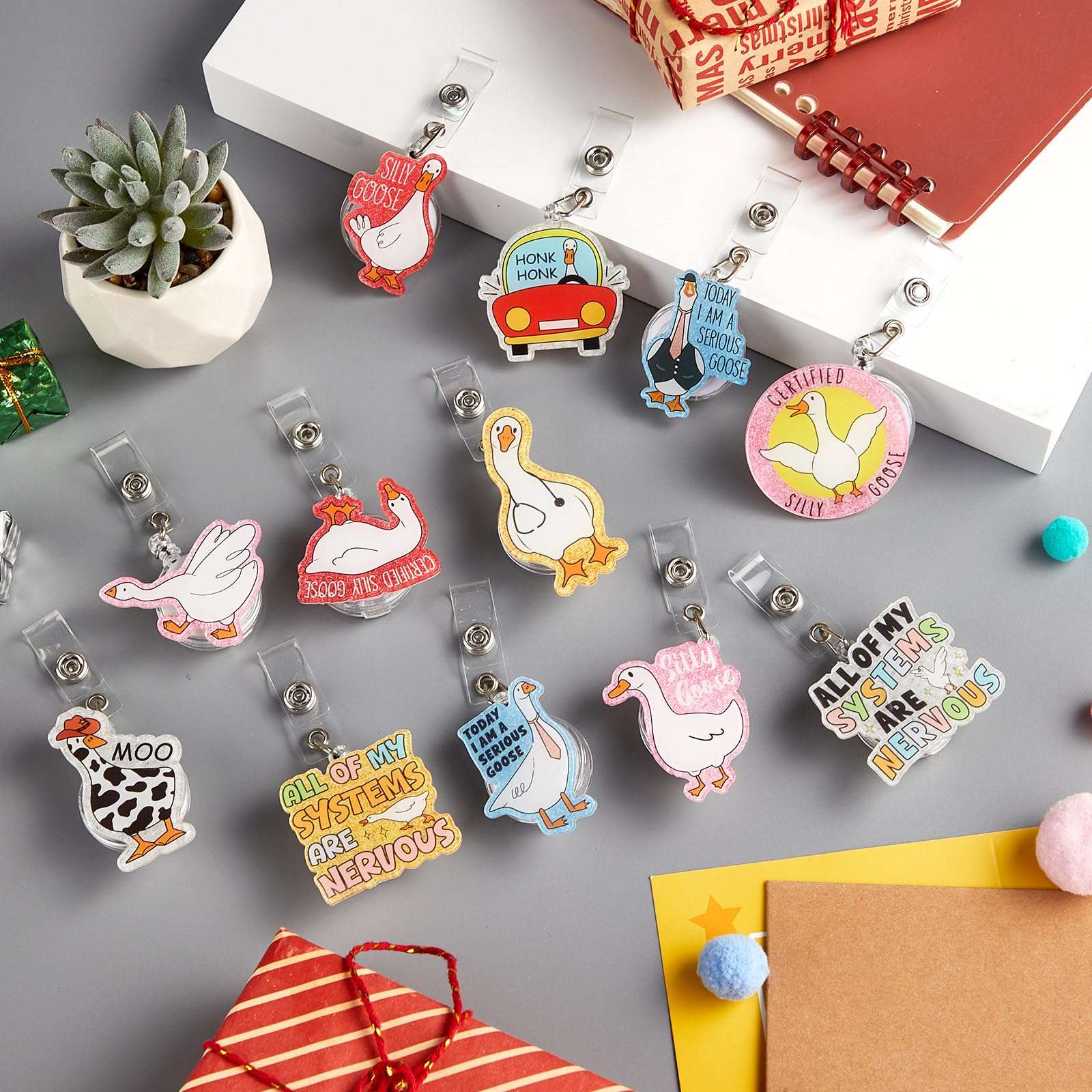 12 PCS Funny Silly Goose Badge Reel Goose Badge Holder Clip Nurse ID Badges Clip Nurse Retractable ID Card Holder Cute Badges Reel for Doctor Student Medical Coworker Work Accessories Bulk Gifts 5