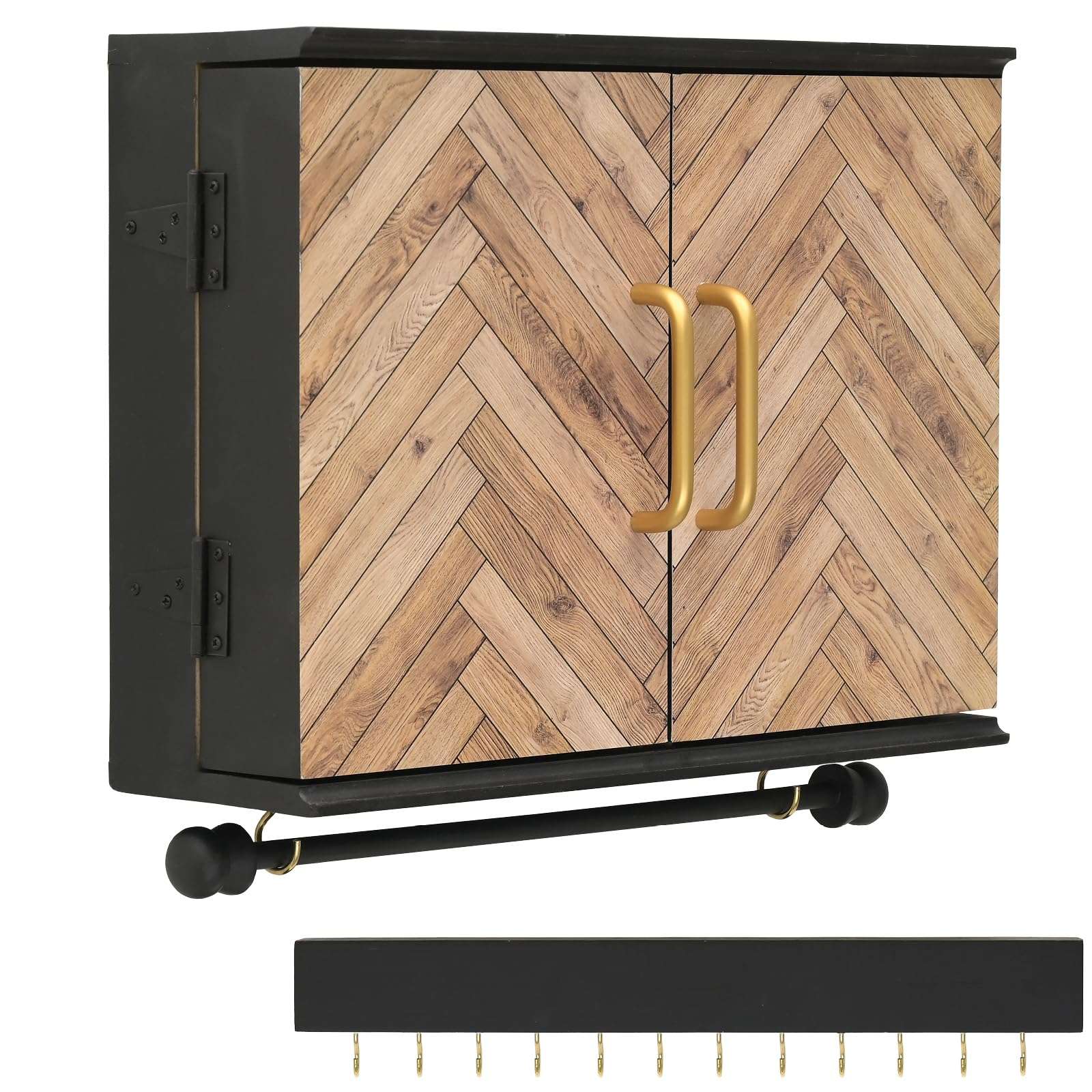 Wall Mounted Jewelry Organizer with Herringbone Wood Pattern. Jewelry holder for Necklaces, Earings, Bracelets, Ring Holder, and Accessories. Includes hooks for hanging jewelry - Black & Brown 1