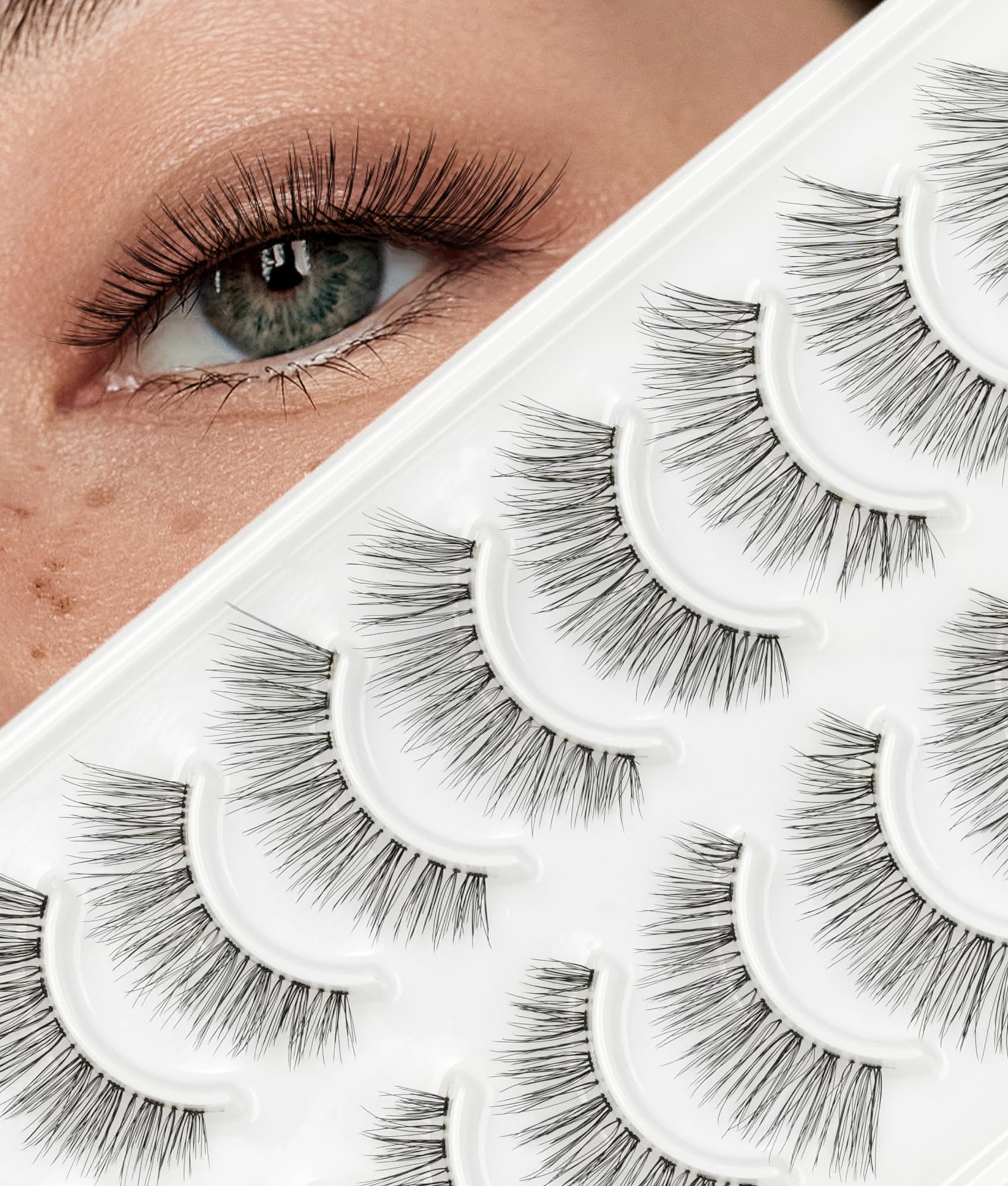 MERETON False Eyelashes Natural Look 10 Pairs False Lashes Strip Natural lashes Invisible Clear Thin Band Lightweight Fluffy Wispy Spiky 3D Volume Eye Lashes 7-12 mm