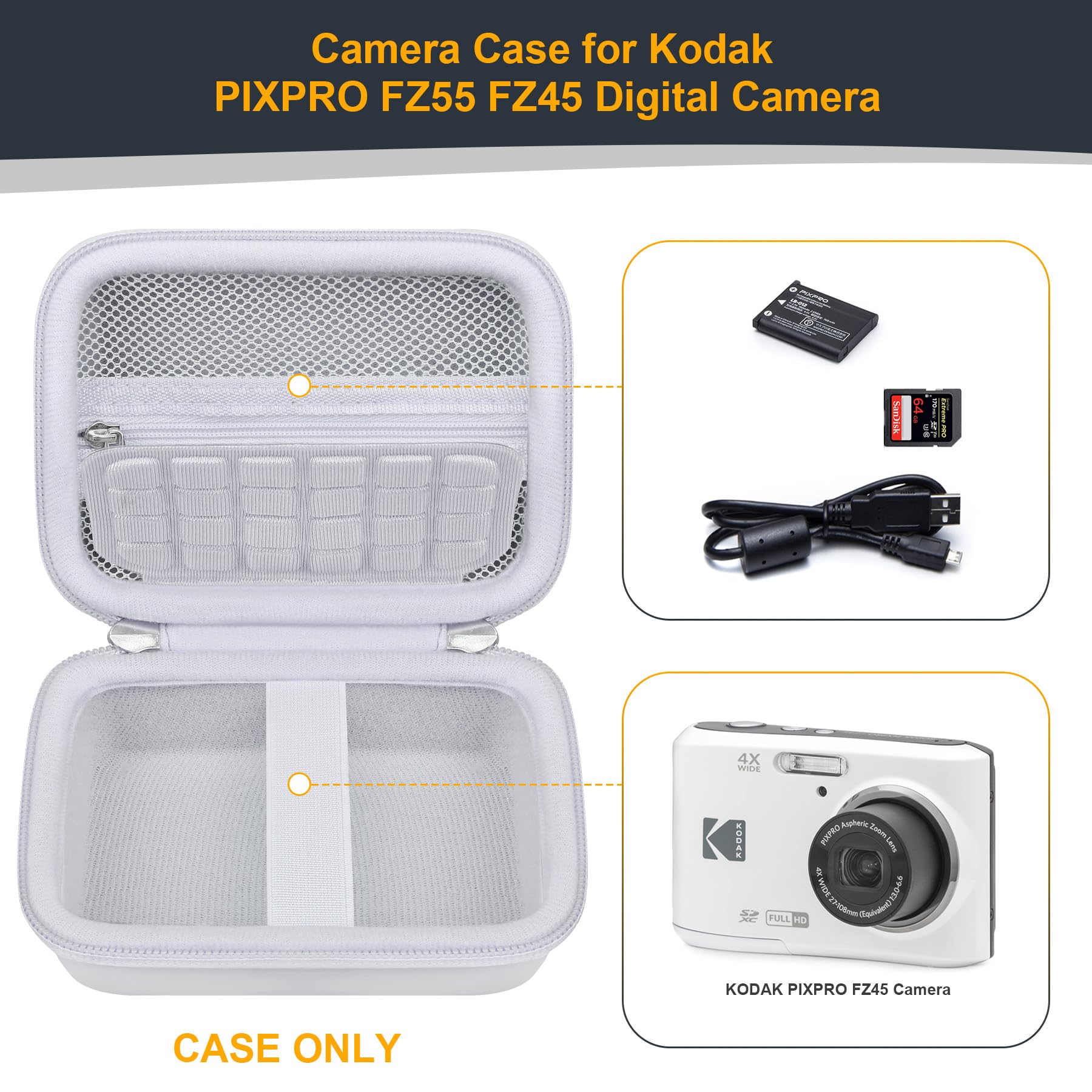 RAIALL Compact Camera Case for KODAK PIXPRO FZ55 / FZ53 / FZ45 Digital Camera, Vlogging Cameras Travel Storage Bag Holder, Mesh Pocket for Charging Cable, SD Card and Batteries, White 4