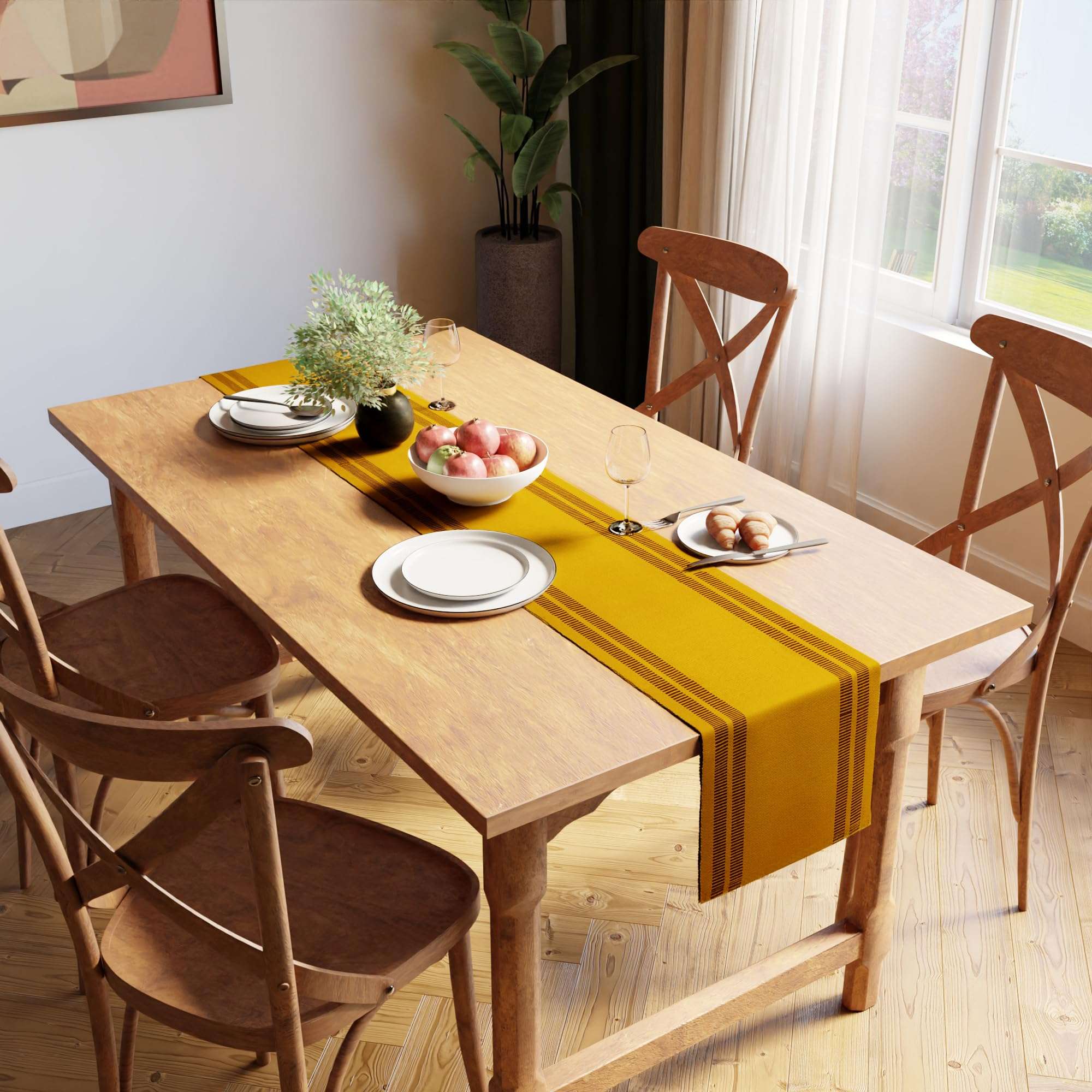 Encasa XO Dining Table Runner for 4 to 6 Seater| Yarn Dyed Fine Ribbed Cotton | Size 32x183 cm | Ladder Yellow | Machine Washable 3