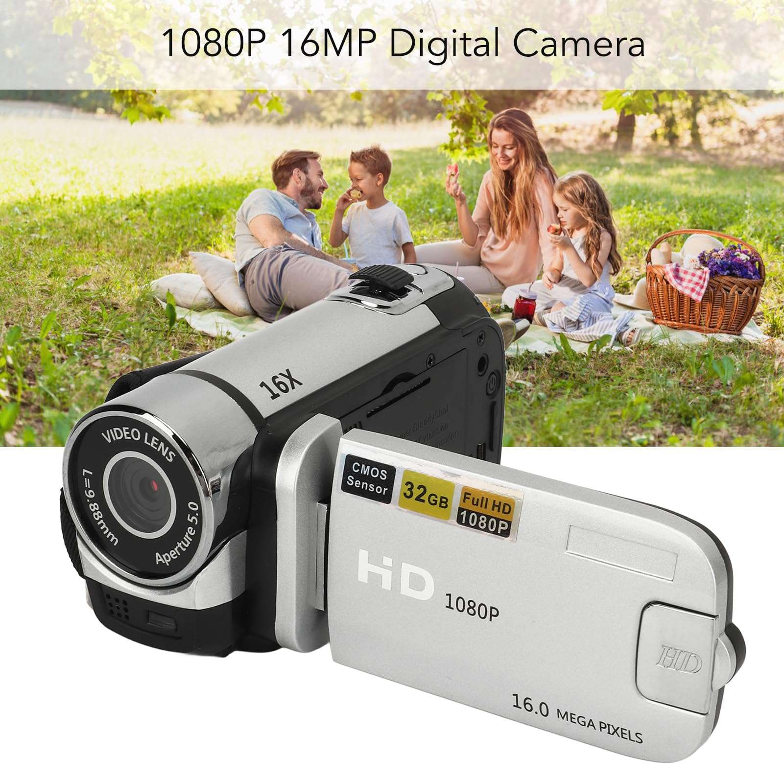 1080PDigital Camera, 16MP Camcorder with 2.4 Inch Rotatable Screen, 16X Zoom HD Video Recorder with Fill Light, Video Camera Built in Battery (Silver) 3
