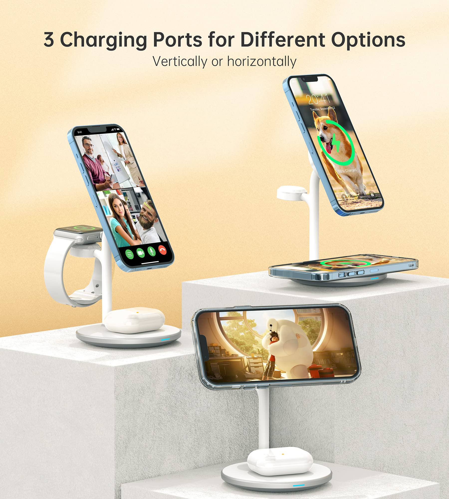 XooFly 3 in 1 Wireless Charging Station for Apple Devices, Fast Wireless Mag-Safe Charger Stand with 20W Adapter for iPhone 17/16 15 14 13 12 Series, iWatch, AirPods, 2 Pack White & Black 5