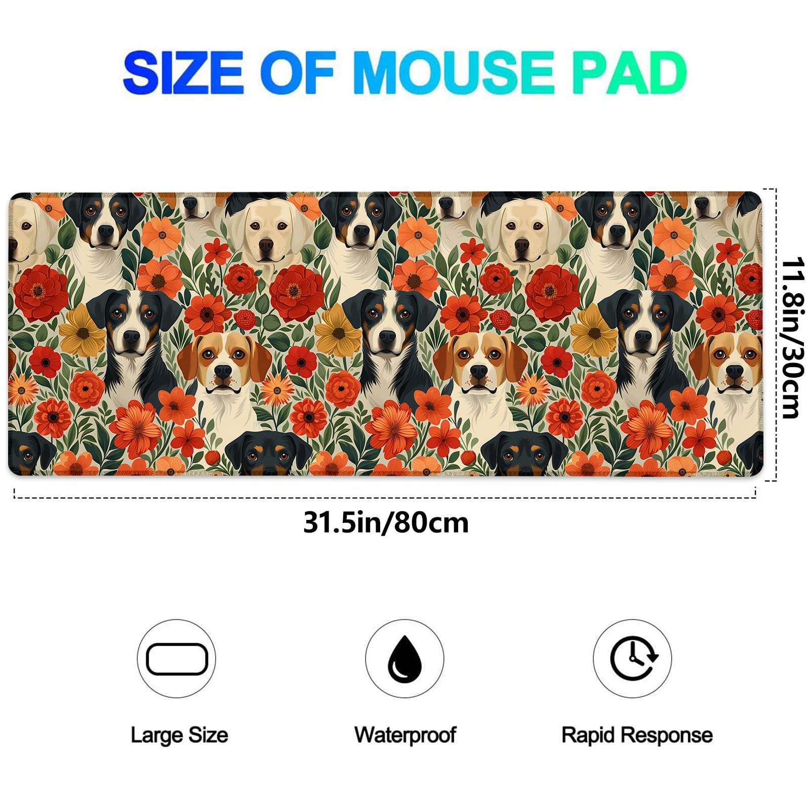 Ti Caldi Cute Dog with Floral Gaming Mouse Pad, Extended Lovely Puppy Face Desk Mat Computer Laptop Mousepad, Robust Stitched Edges, 31.5"×11.8" Large Office Keyboard Mouse Pads for Home Desktop Decor 4