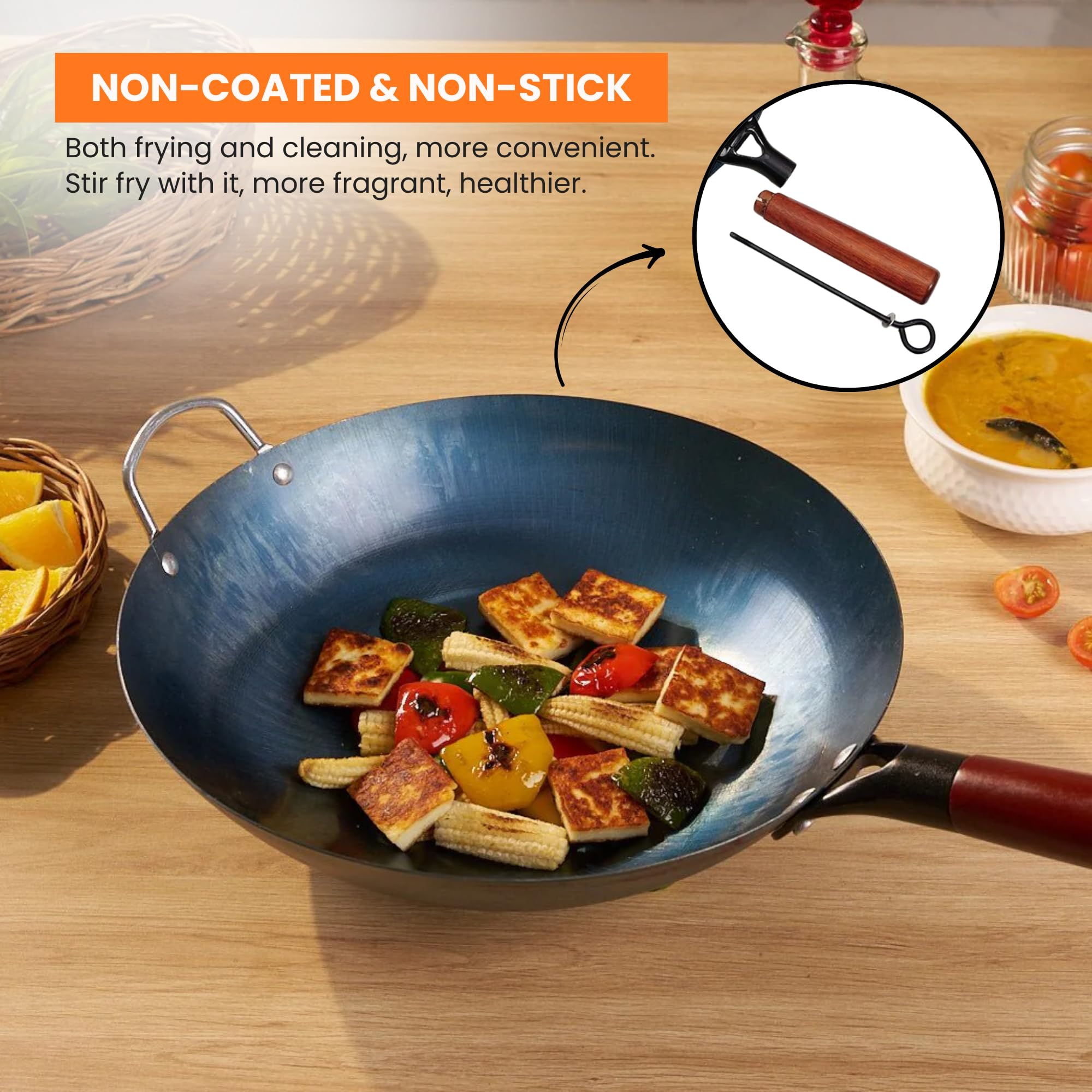 HomeEssentials Heavy Duty Iron Pan With Wood Handle, Chinese Wok With Handle 10Cm X 30Cm, Non-Coated & Non-Stick, Gas Stove Compatible, Black 3