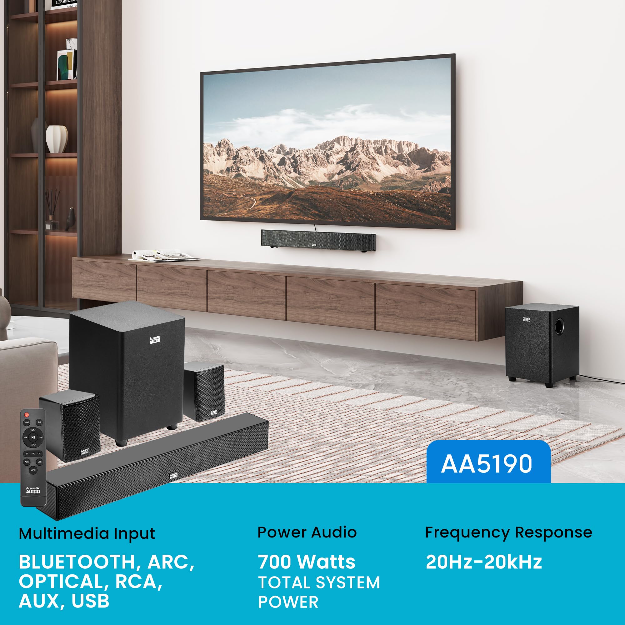Acoustic Audio 5.1 Surround Sound Home Theater Sound Bar with Bluetooth, RCA, Optical, ARC, AUX, Wireless Subwoofer and Remote Control - AA5190 (Black) 2