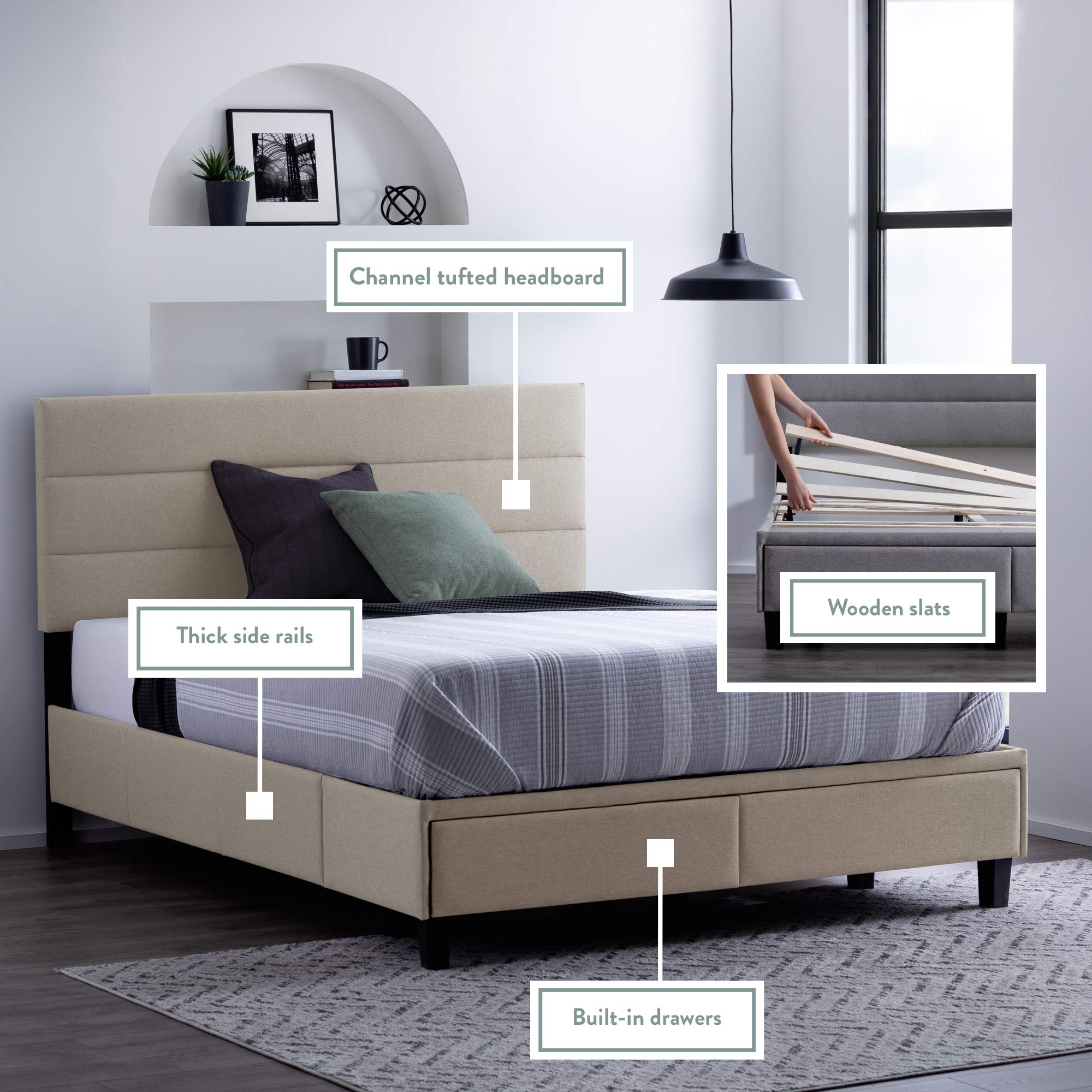 Edenbrook Johnson Upholstered Bed with Built-in Drawers-Modern Channel Tufted Headboard-Easy Assembly-Queen, Stone 4