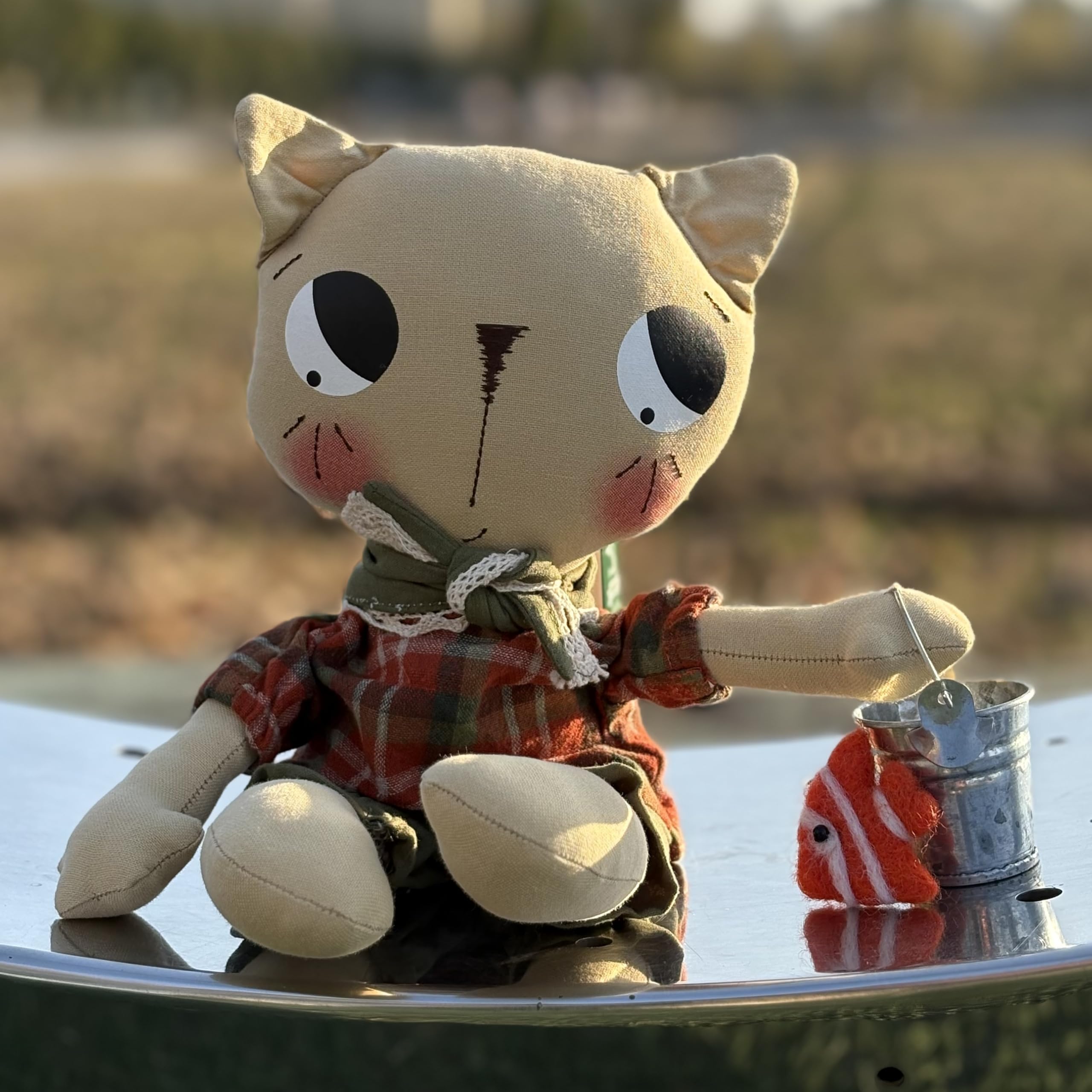 Handmade Beige cat Doll Holding a Bucket Plush, Great Decorative plushie 3