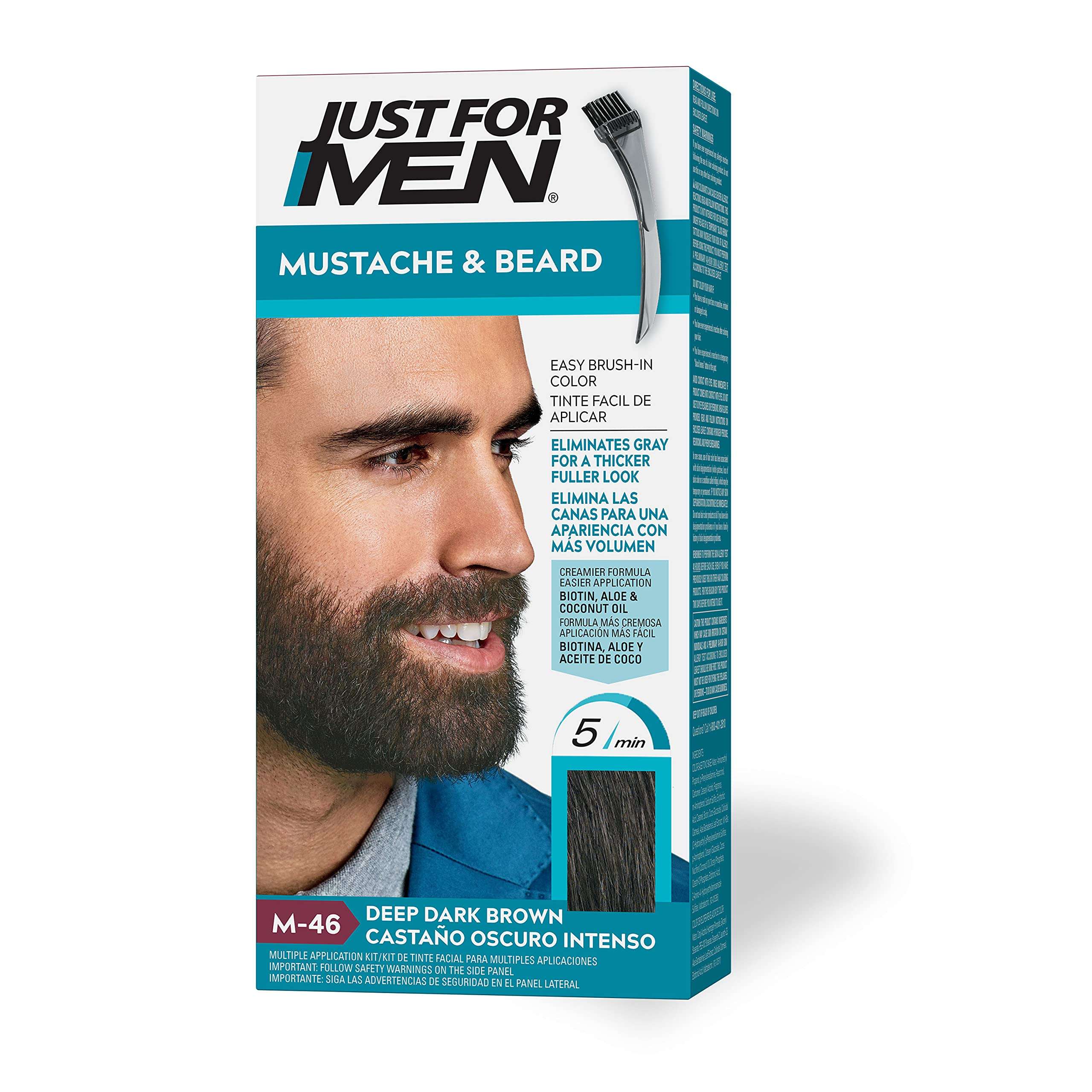Just For Men Mustache & Beard, Beard Dye for Men with Brush, With Keratin Biotin Aloe and Coconut Oil for Healthy Facial Hair - Deep Dark Brown, M-46, Pack of 1 (Packaging May Vary) 1