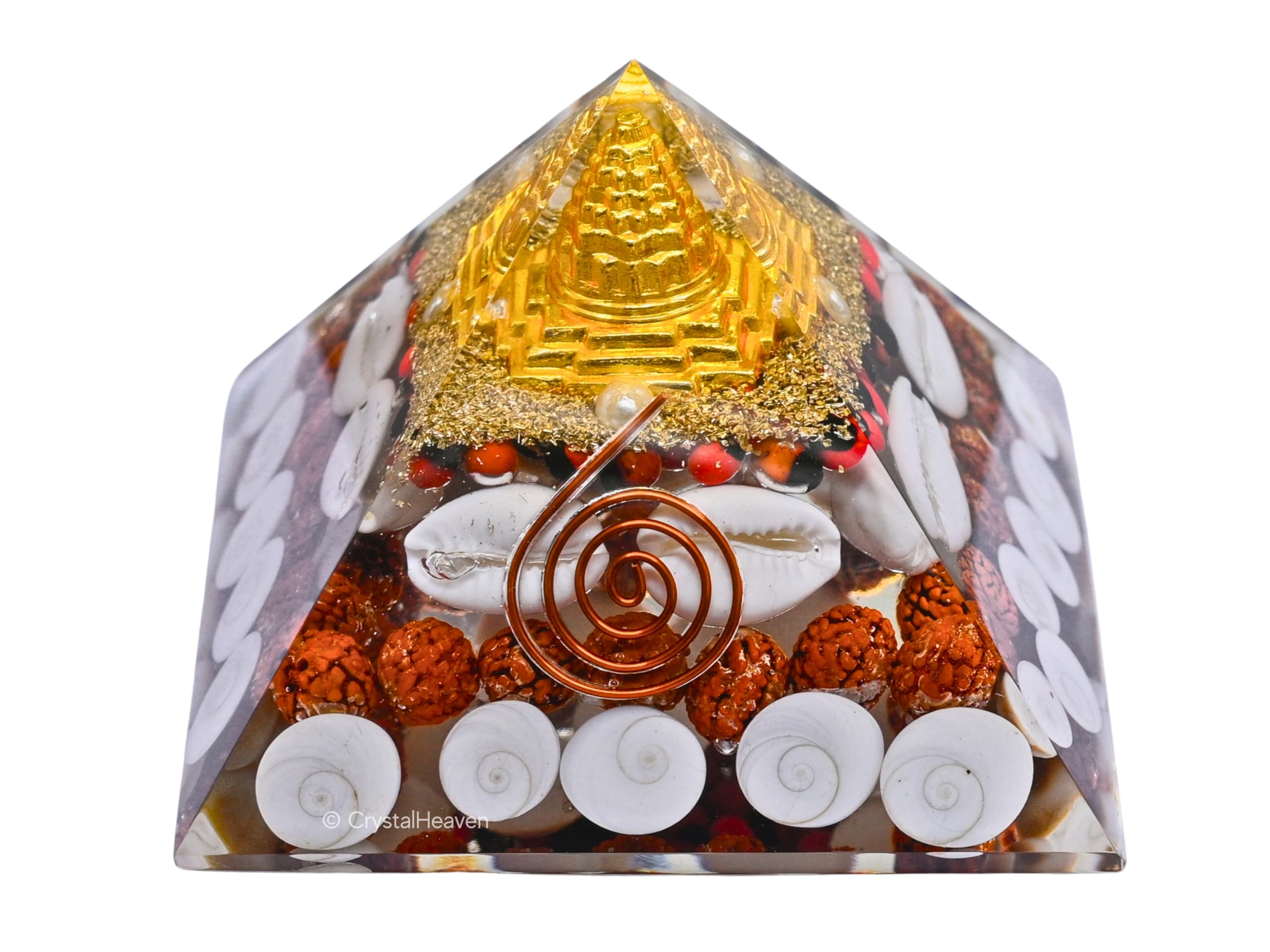 Laxmi Pyramid Original Certified Gomati Chakra, Rudraksha, Cowrie Kodi Maha Laxmi Pyramid - 90mm Large Orgonite Pyramid with Shree Yantra - Pooja Vastu Items for Home for Good Luck, Money & Wealth 5