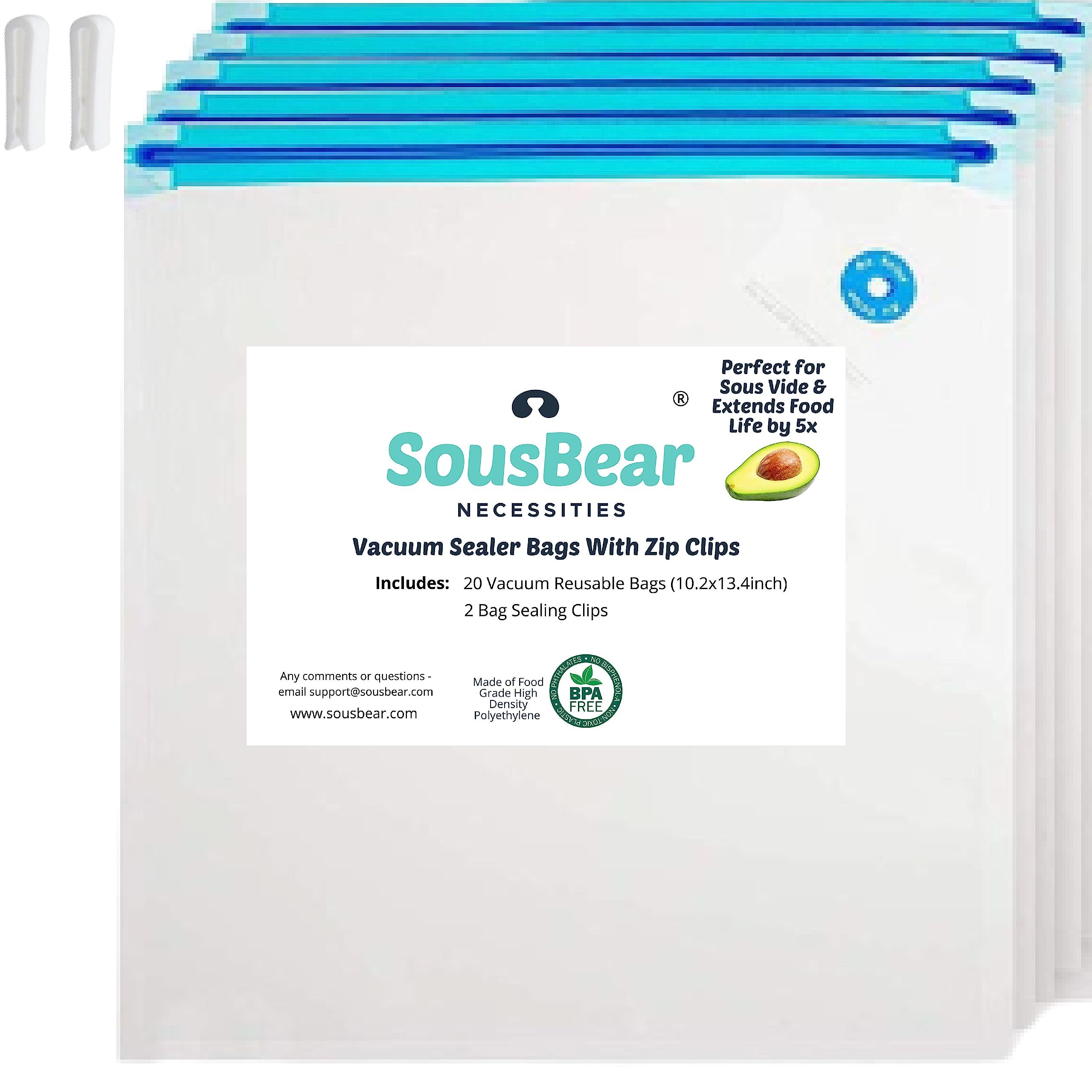 SousBear Reusable Gallon Vacuum Zipper Bags, 20count 10x13 Inch, Resealable Vac Storage, Sous Vide Bags, Meal Prep, Heavy Duty, BPA Free for use with handheld pump