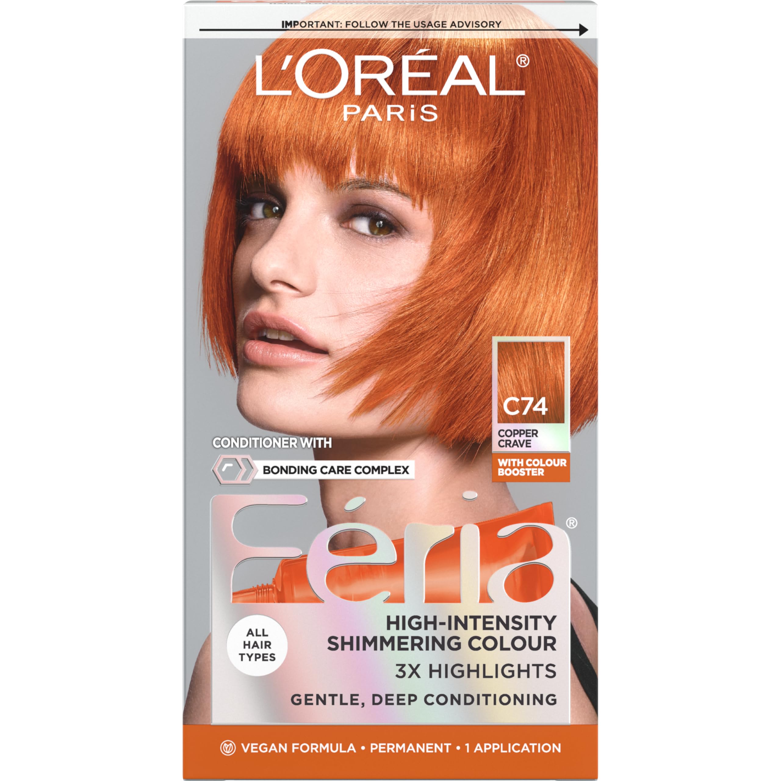 L'Oreal Paris Feria Multi-Faceted Shimmering Permanent Hair Color, C74 Copper Crave (Intense Copper), Pack of 1, Hair Dye 1