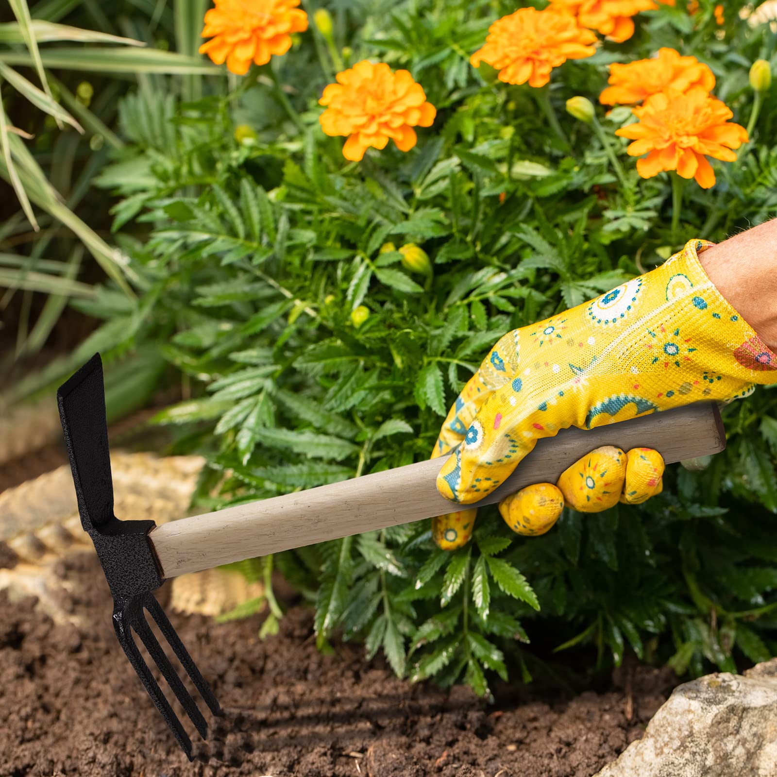 VILIVIT Garden Hoes Dual Headed Weeding Tool - Carbon Steel Hoe/Cultivator 3 Prongs Combo Garden Tools with Wood Handle 4