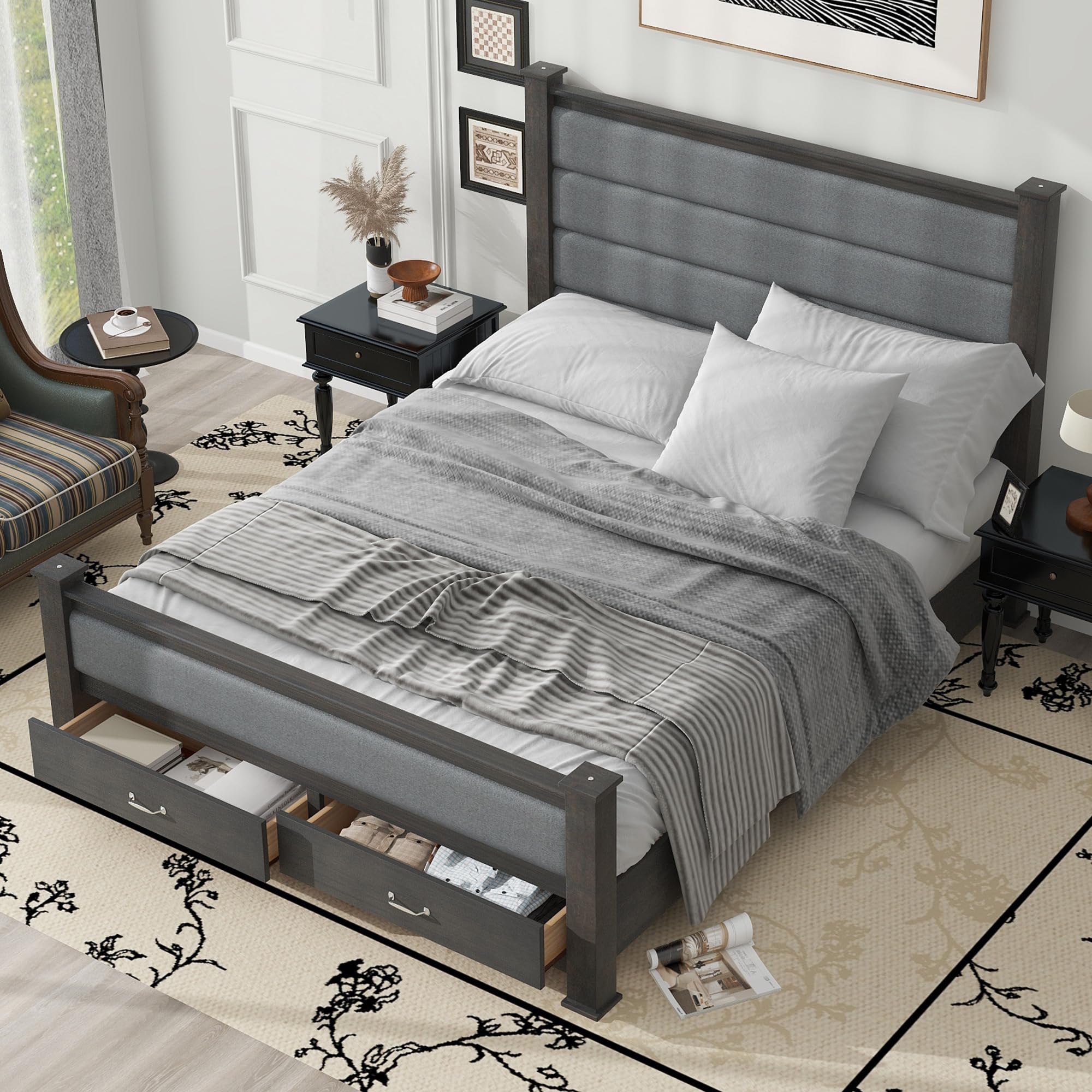 Ball & Cast Queen Size Platform Bed with Upholstered Headboard & Footboard,Solid Wood Frame with 2 Storage Drawers,No Box Spring Needed,Modern Bedroom Furniture,Antique Gray 5
