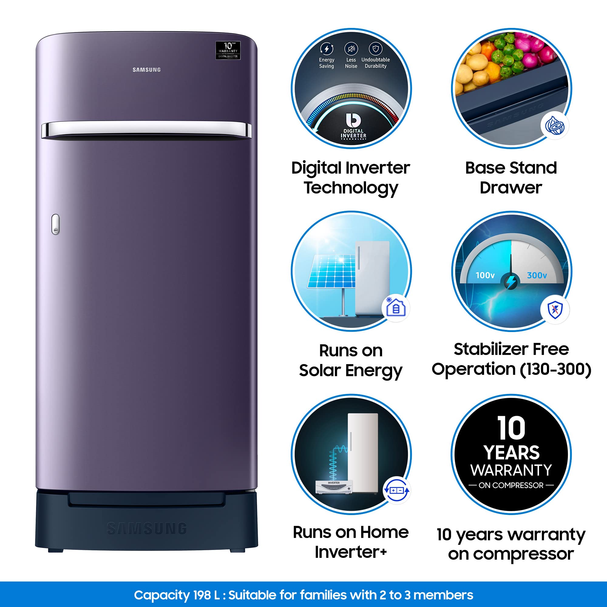 Samsung 198 L 4 Star Inverter Direct-Cool Single Door Refrigerator (RR21A2H2XUT/HL, Pebble Blue, Base Stand with Drawer) 3