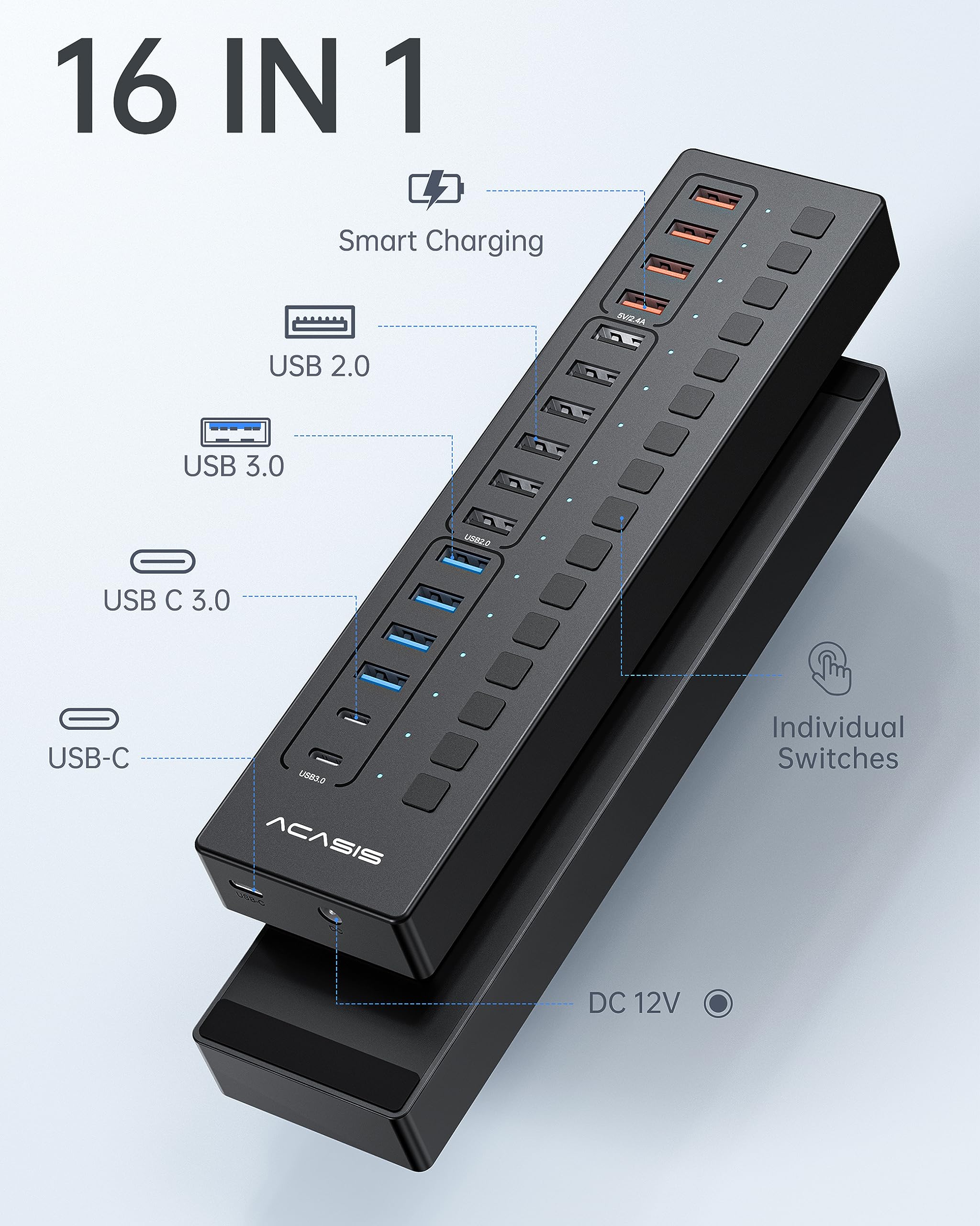 ACASIS 16&10 Ports USB 3.1 Hub Bundle with Powered USB 3.0 Hub, Include 26 * 10Gbps USB 3.1 A, 2*USB C 3.0+4 Smart Charging Port, 96W & 60& 48WPower Adapter, USB Hub for PC/Laptop, Computer 5