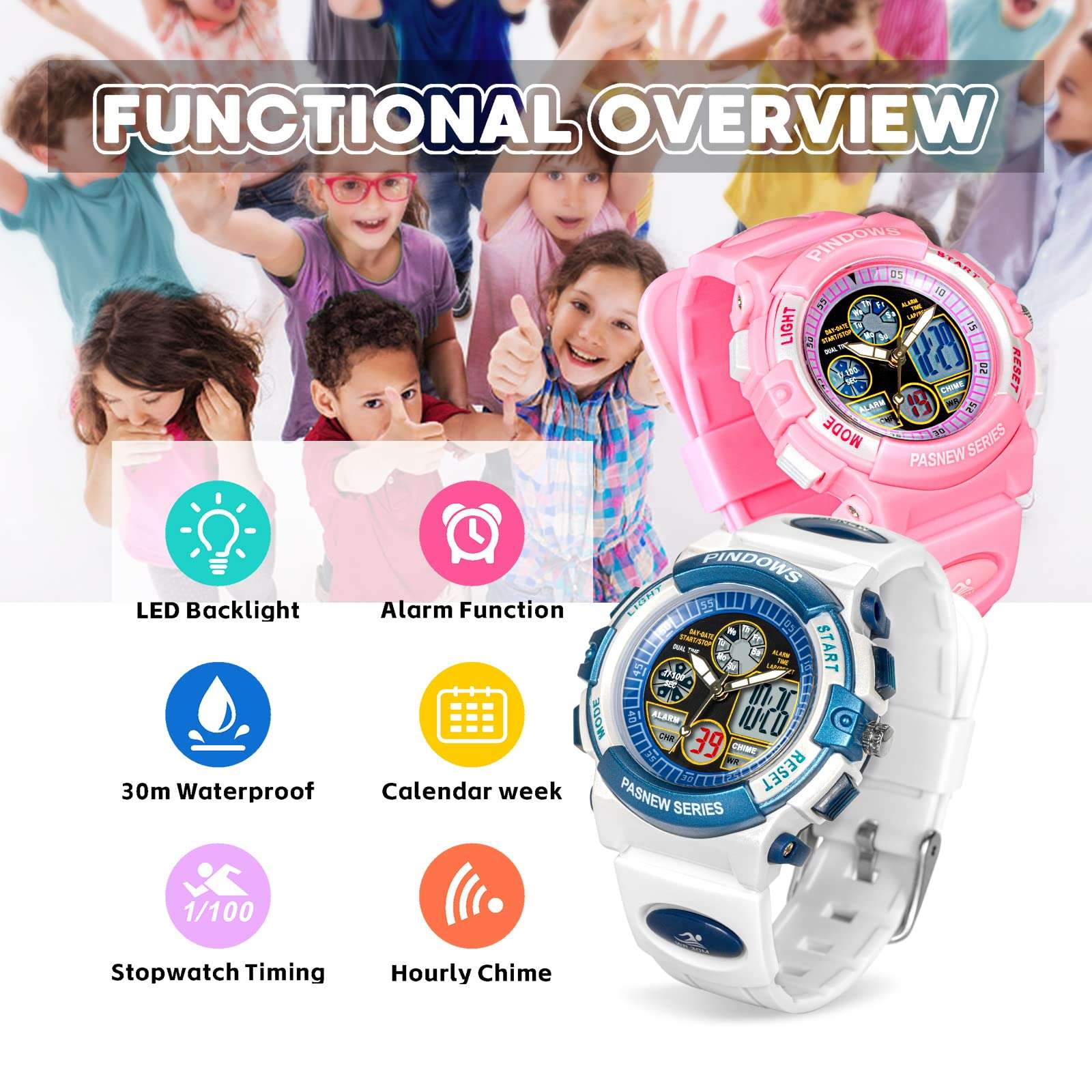 Digital Sport Watch for Boys Girls, Waterproof Sports Outdoor Kids Dual Display Wristwatch with LED Light Alarm Stopwatch (White) 3