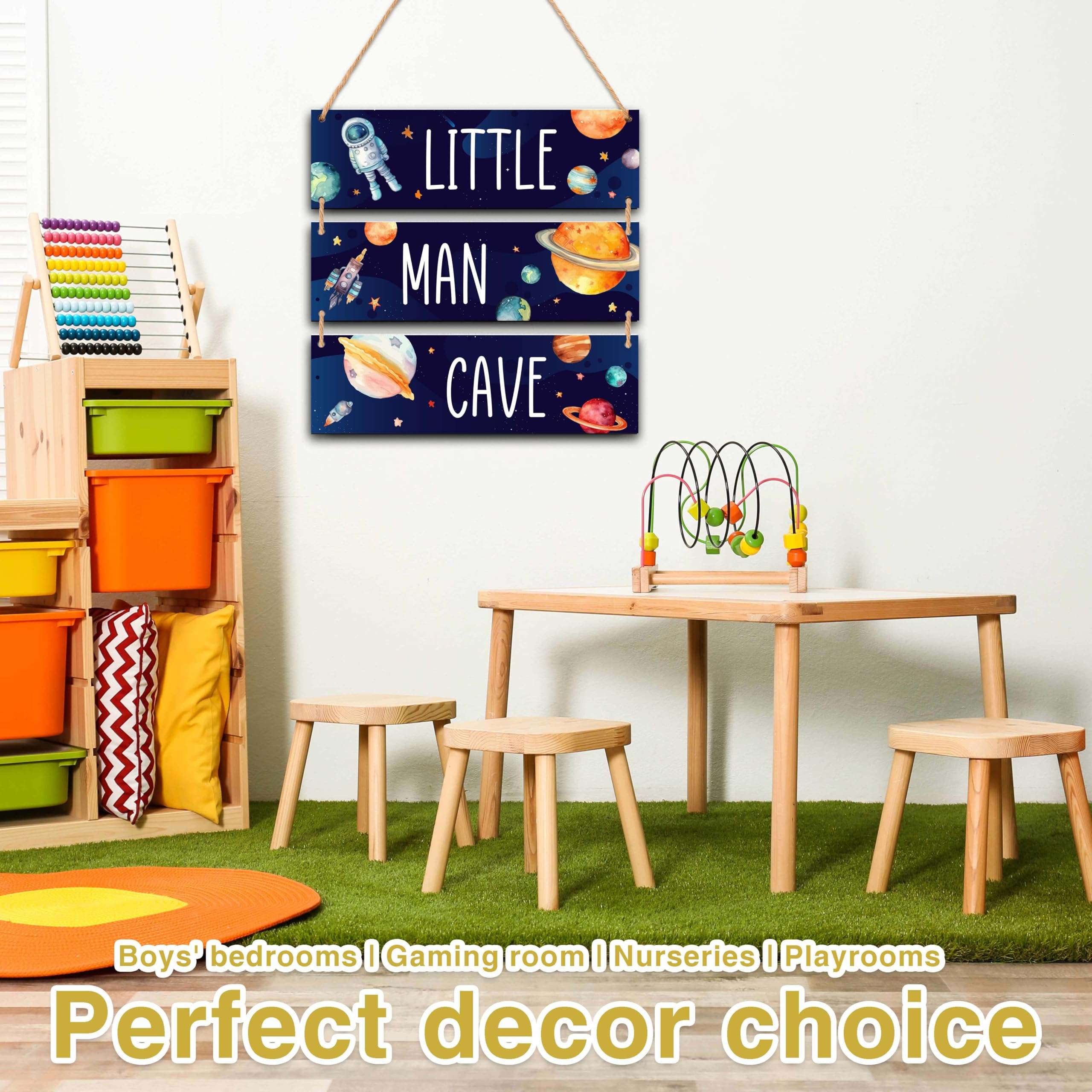 Little Man Cave, 3" x 10" Outer Space Wooden Door Sign for Bedroom Nursery Playroom Decor, Teen Boy Gifts for Son Game Lover, Gaming Wall Art - A07 5