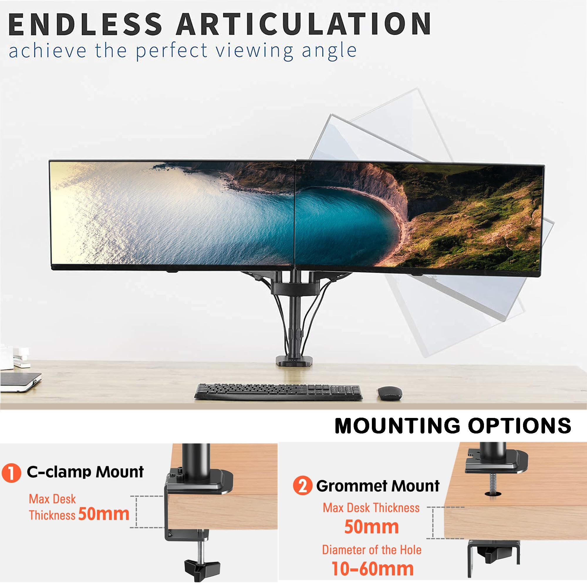 Dual Monitor Stand, Height Adjustable, Pneumatic Dual Monitor Arm Mount for 17 to 32 inch Screens, Full Articulating Tilt, Heavy Duty VESA Stand with Desk C-clamp and Installation Tools 6