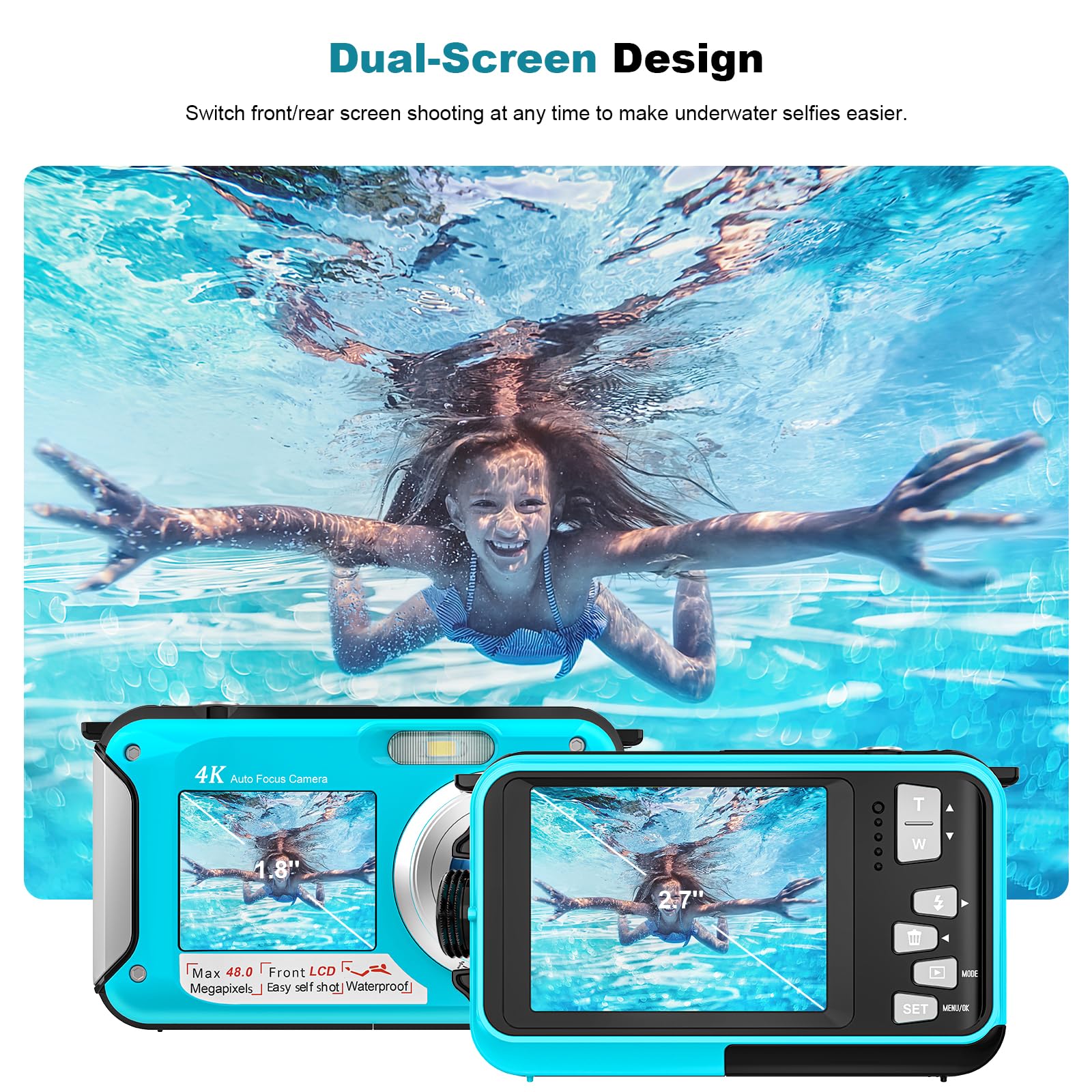 4K Waterproof Digital Camera 11FT Underwater Camera Selfie Dual Screens 48MP Waterproof Camera with 32GB Card 16X Digital Zoom Auto-Focus Underwater Camera for Snorkeling 2