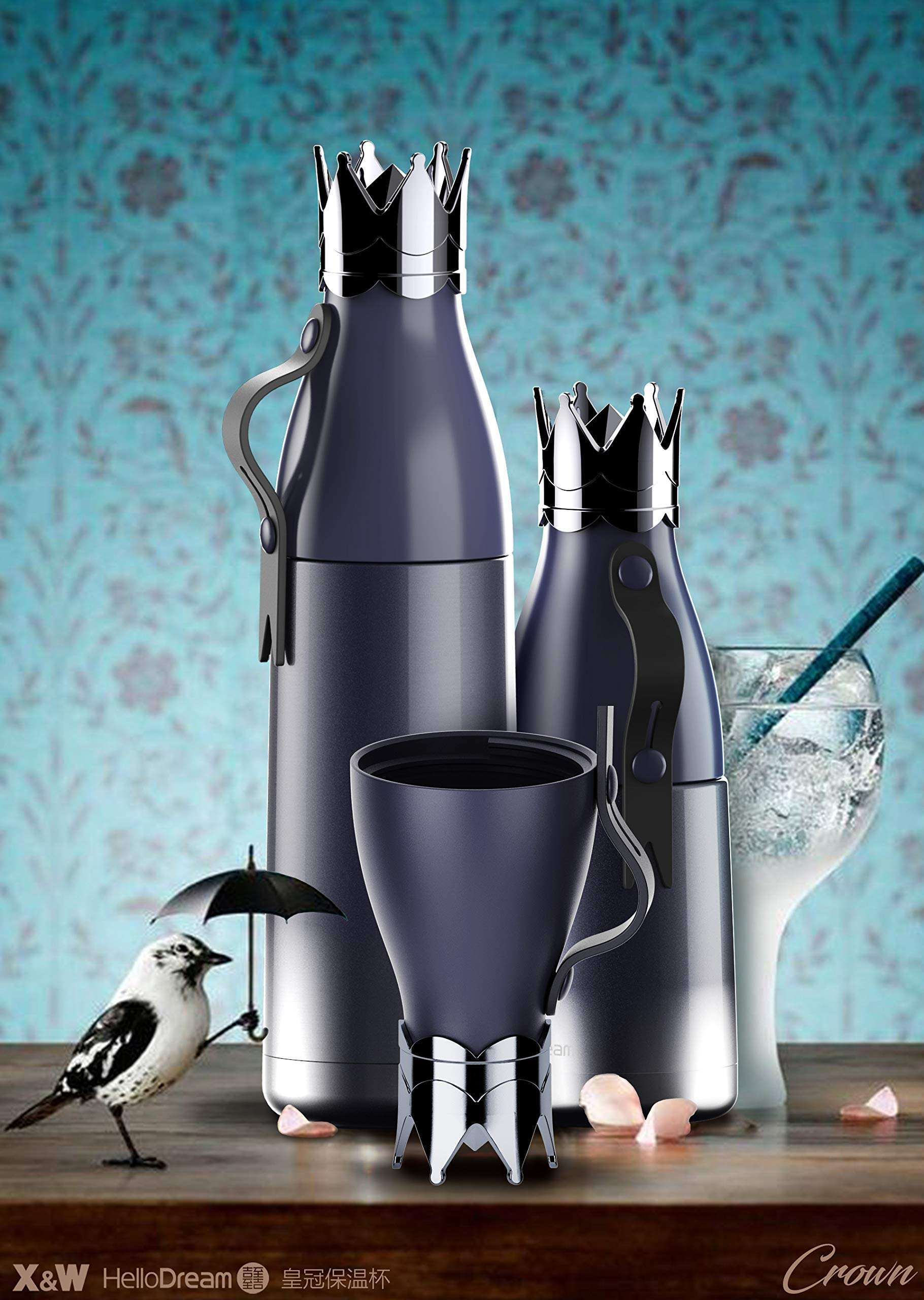 Thermos Crown Shape 12 Ounce Bottle,Stainless Steel Vacuum Flask Mug, Cup Coffee Tea,Travel Tumbler (Blue) 3