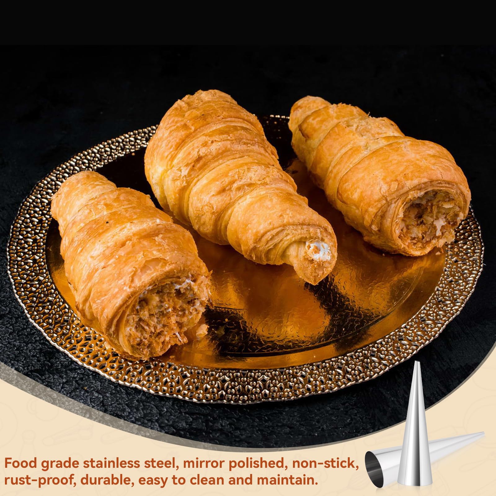 10Pcs Cream Horn Molds Forms 5 Inch, Non-stick Cream Horns Pastry Mold Croissant Baking Forms Stainless Steel Cannoli Tubes Ice Cream Cone Molds for Baking Croissants, Ice Cream Cone Party Dessert 6