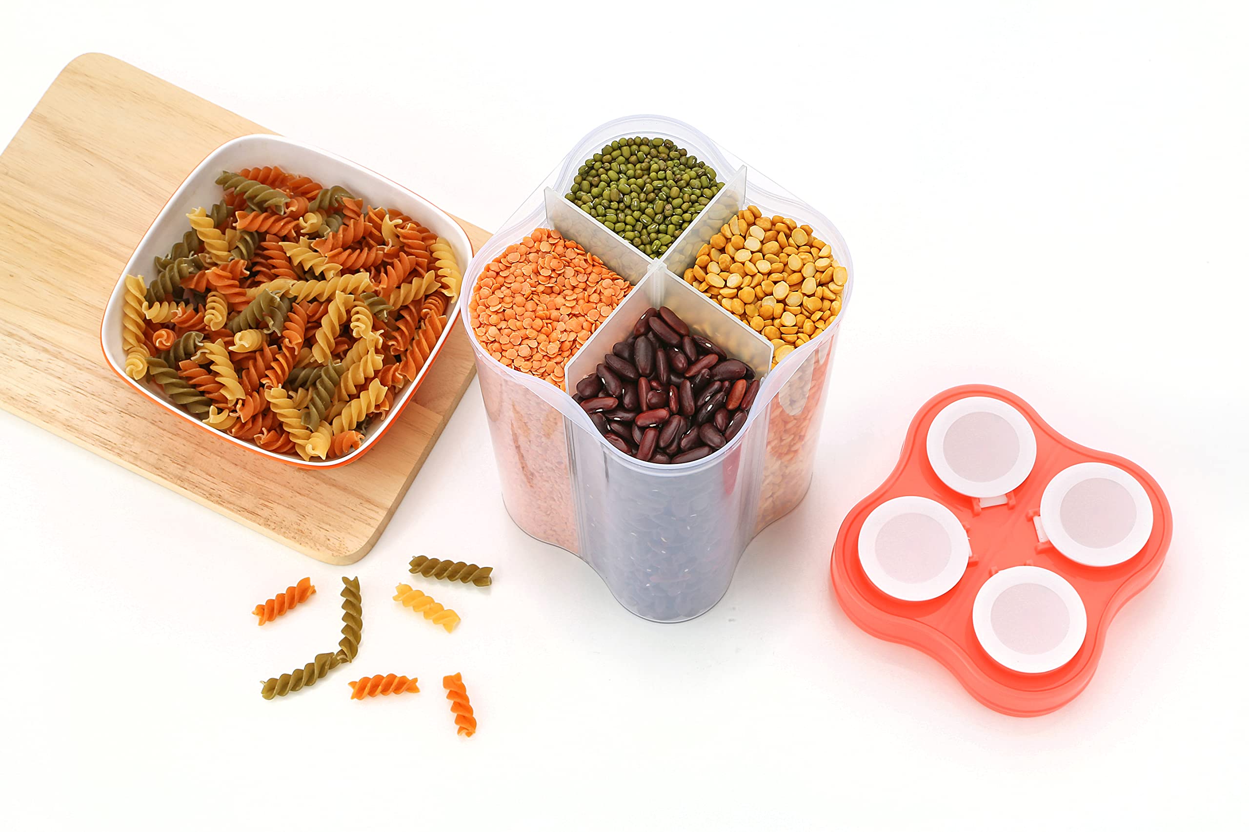 LEAWALL 4 Section Plastic Storage Container Kitchen Container Set - 2500 ml Plastic Grocery Container (Pack of 2, RED) 4