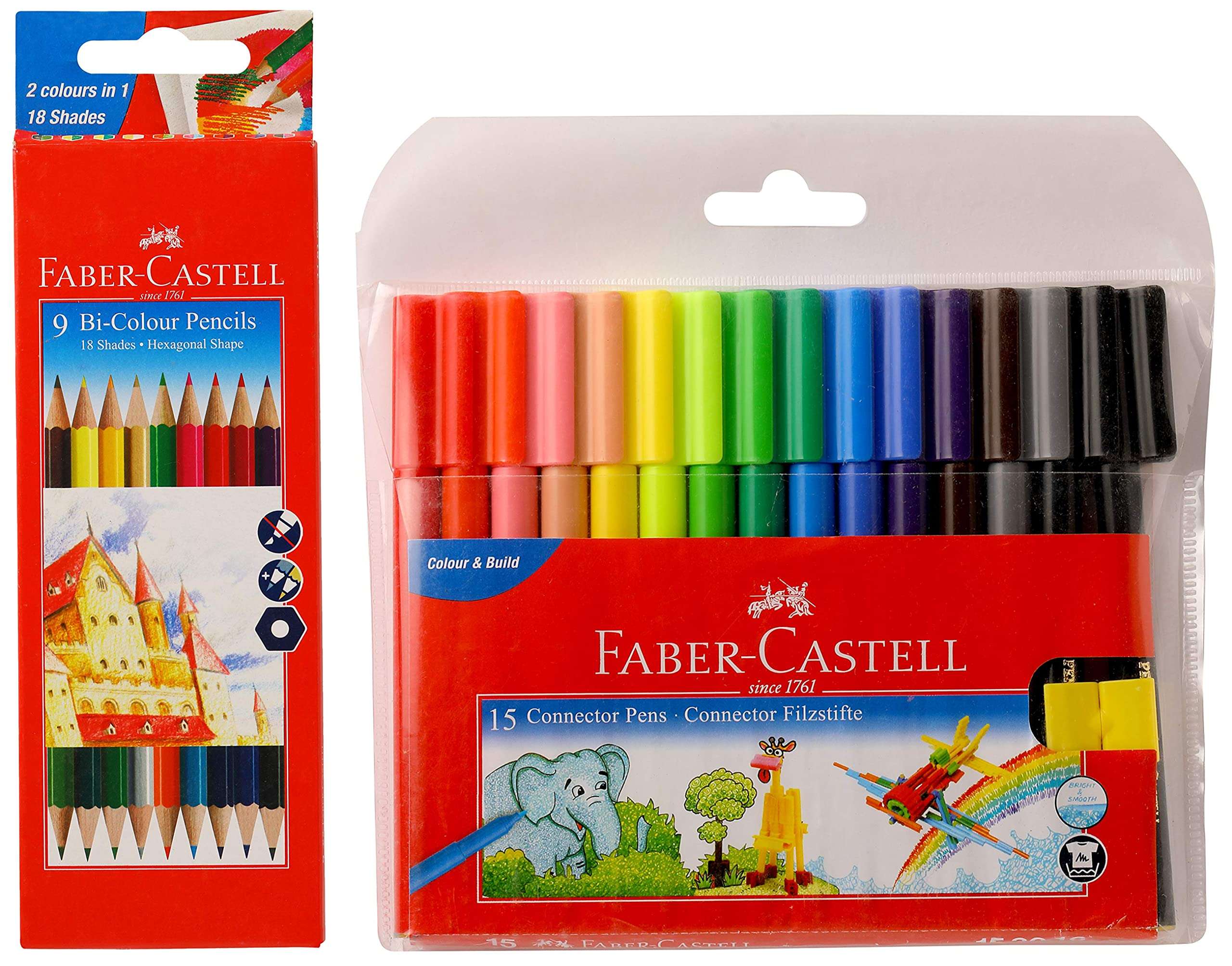 Faber-Castell Bi-Color Pencil Set - Pack of 9 Connector Pen Set - Pack of 15 1