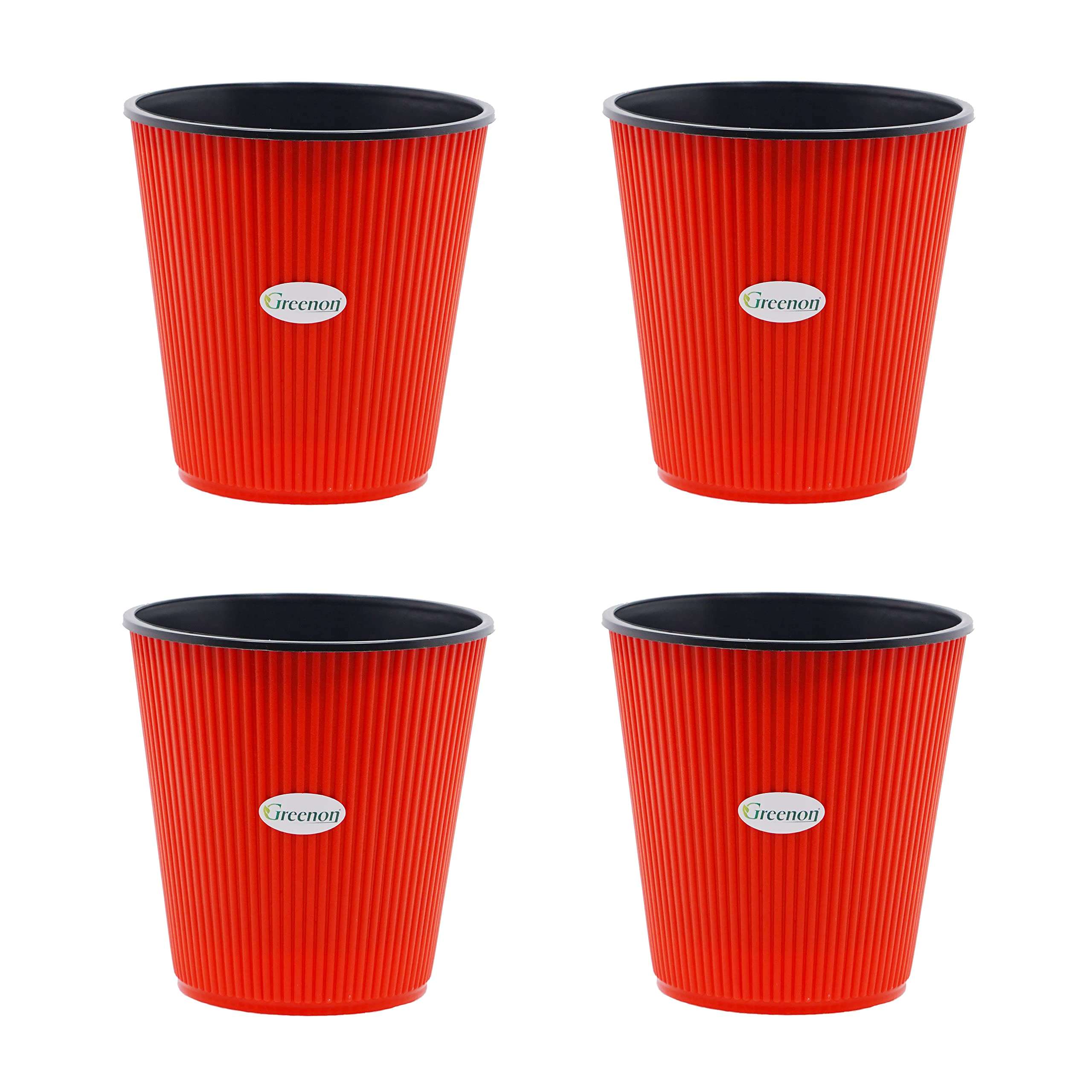 GREENON 7 Inch Small Plant Pot | Pack of 4 | Self Water | Red Outer and Black Inner | Best for Countertop and Tabletop, Balcony | Non-Fadable Planter | Virgin Plastic Gamla | RED 4 1