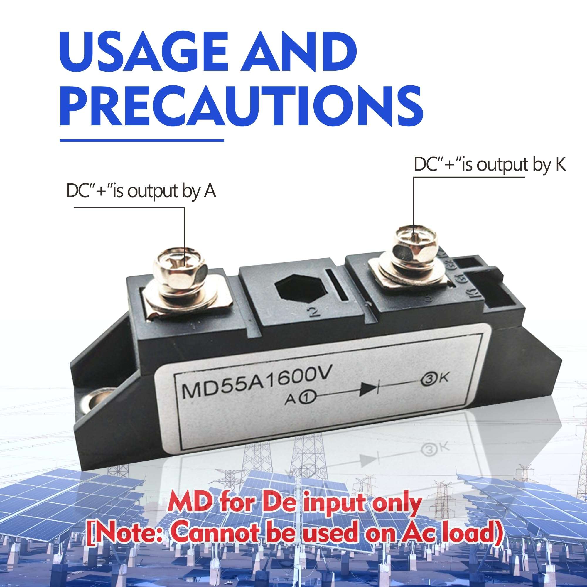 haizusai MD55A1600V Anti-Reverse Diode Module 1600V 50Amp for Solar Systems, Motorcycle, Golf Cart, 12V/24V/48V DC Blocking, Fast Recovery Rectifier Diode (1-Pack) 3