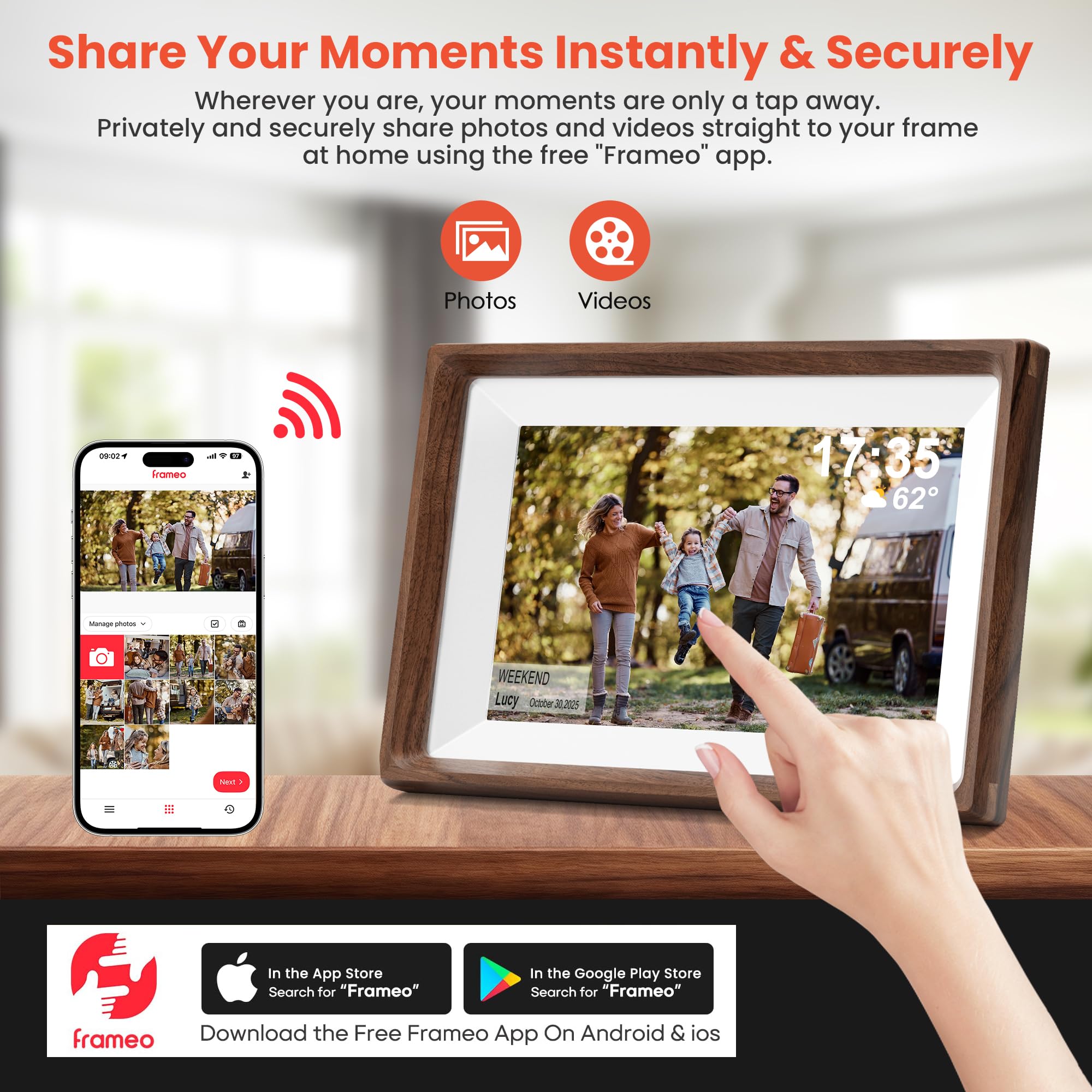 Frameo 10.1" Smart Digital Picture Frame with Walnut Moulding, 16:9 1280p HD IPS Touchscreen Display, 32GB Storage, MicroSD Slot, Plug-in Power, Easy Wireless Photo & Video Sharing, Idea 4