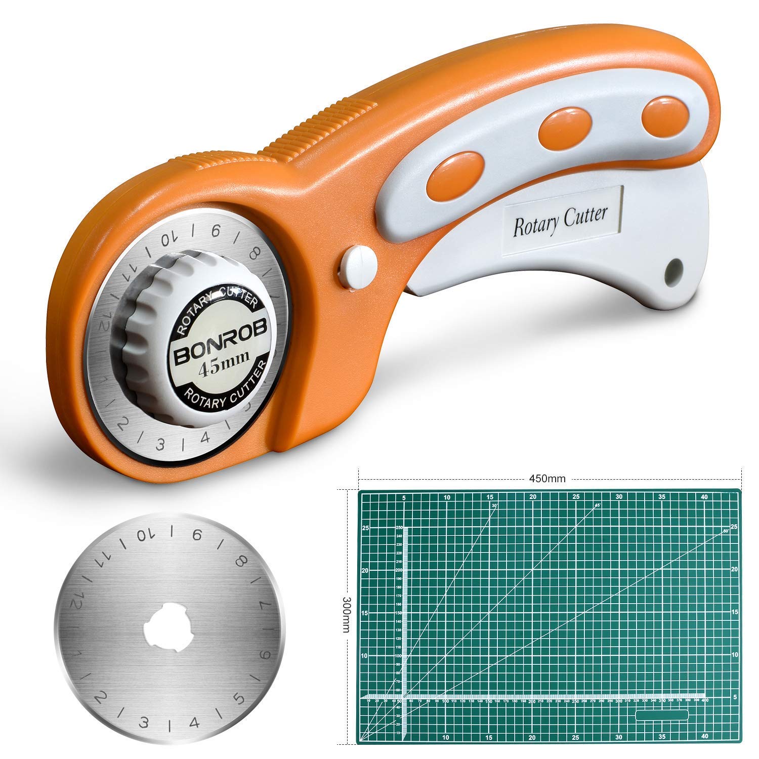 BONROB 45mm Rotary Cutter and Mat Set, Fabric Cutter Quilting Kit with 12x18 Inch (A3) Double Sided Cutting Mat and 1 PCS Replacement Blade for Crafting, Sewing, Patchworking, Knitting BO004 1