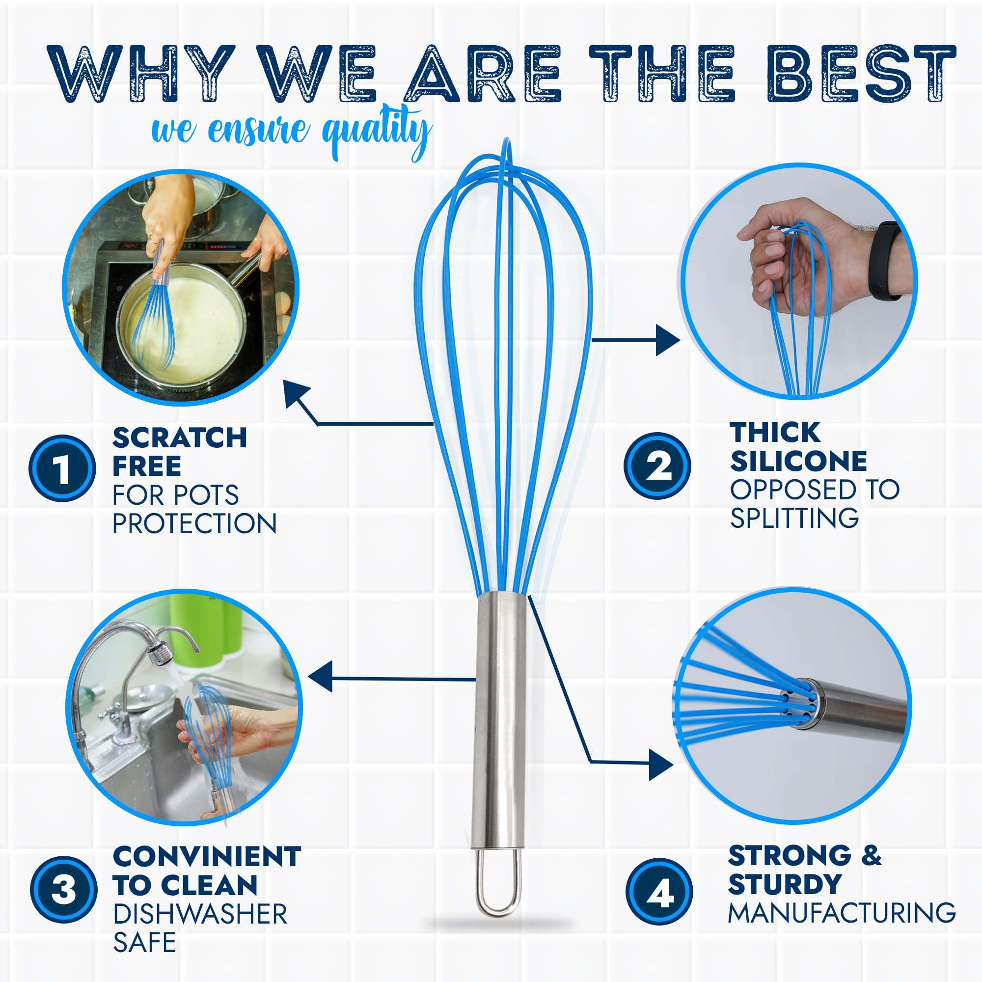 Silicone Whisk Set of 3, Very Sturdy, Silicone Whisks for Cooking Non Scratch Pots, Rubber Whisk, Enjoy Wisk Cooking Egg and Milk Beating, Stirring, Mixing, Whisking, Frothing, Blue 3