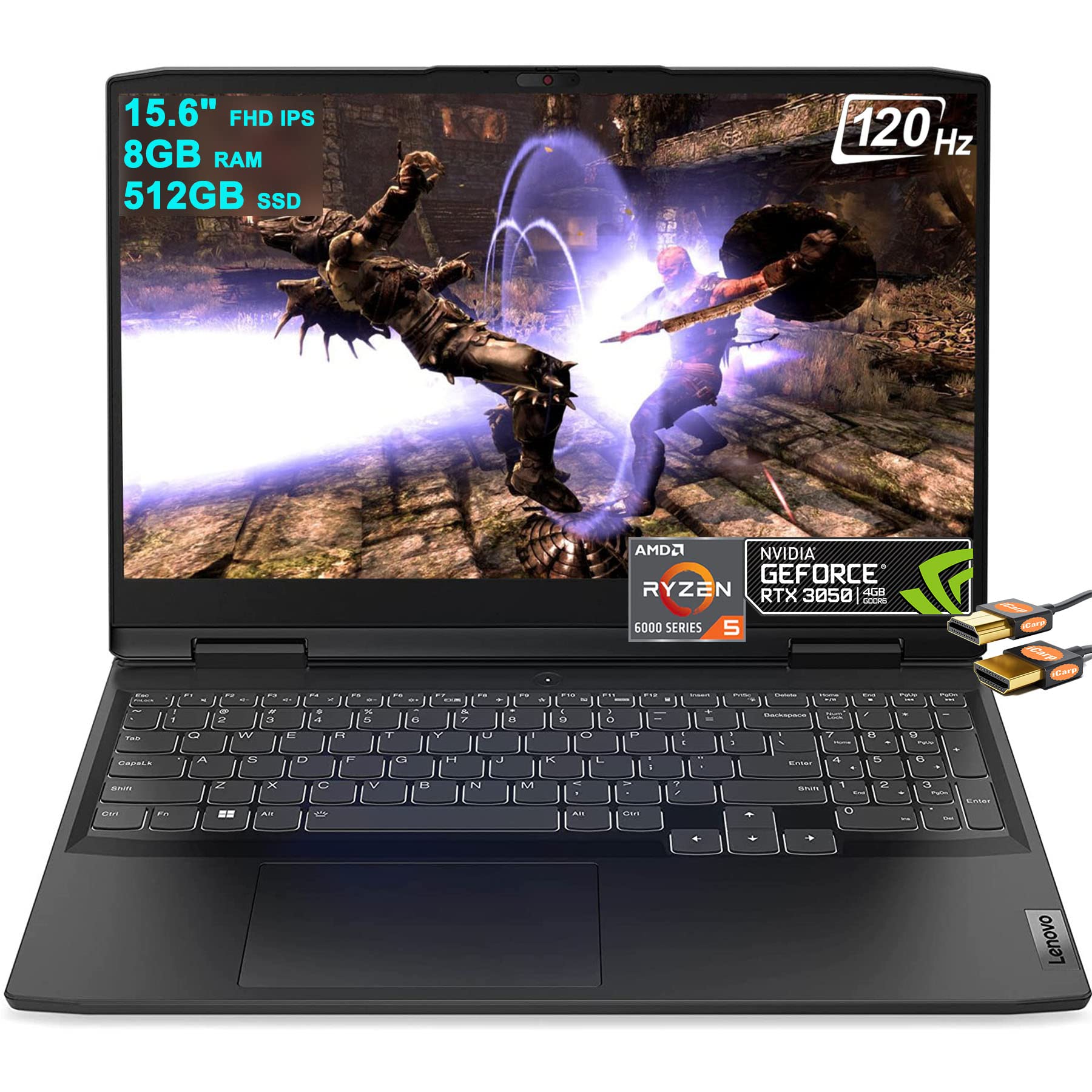 Lenovo IdeaPad Gaming 3 15 Laptop 15.6" FHD IPS 120Hz (FreeSync) AMD Ryzen 6000 Series Hexa-core Ryzen 5 6600H 8GB RAM 512GB SSD GeForce RTX 3050 4GB Graphic Backlit USB-C Nahimic Win11 + HDMI Cable 1