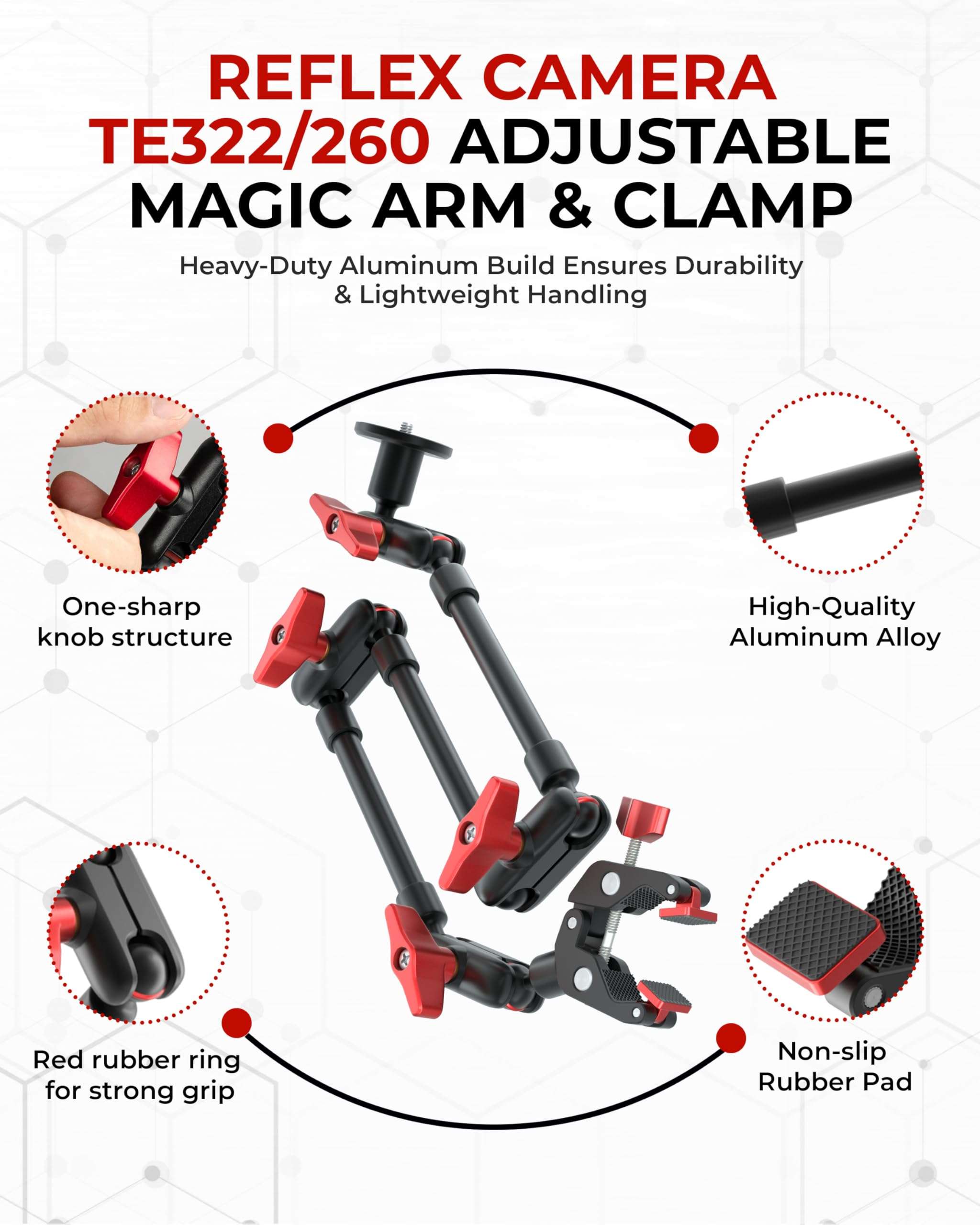 REFLEX CAMERA Metal Articulating 32" Magic Arm with Super Clamp Overhead Camera Mount – 1kg Load Capacity, Boom Arm with 1/4", 3/8" Screws Mounts - Photography, Videography & Streaming - Adjustable 4